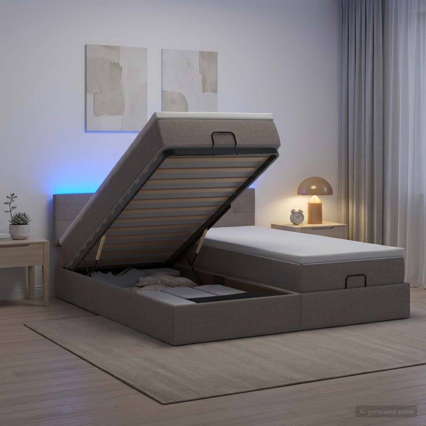 vidaXL Κρεβάτι Ottoman με Στρώμα και LED Taupe 200 x 200 cm Ύφασμα