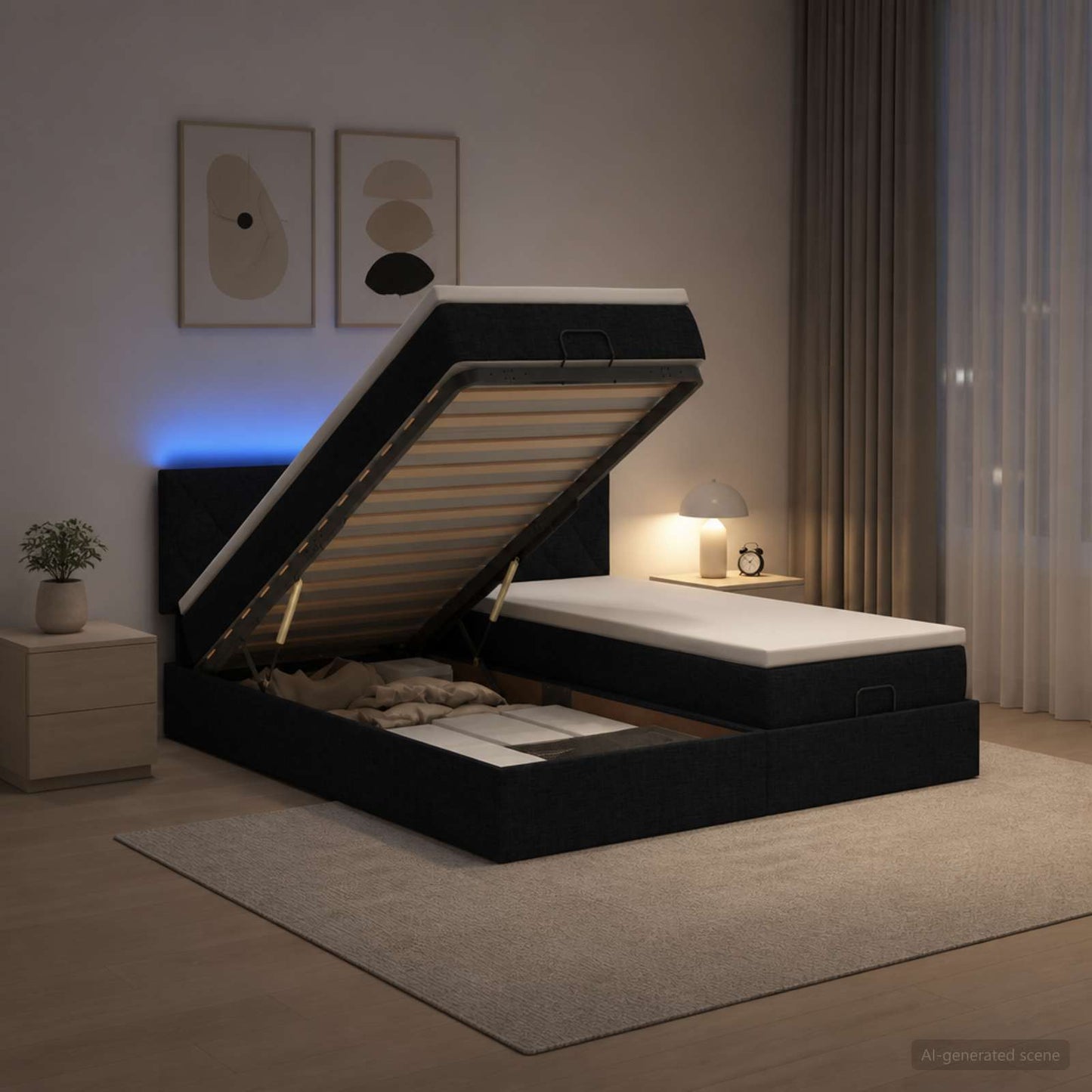vidaXL Κρεβάτι Ottoman με Στρώμα και LED Μαύρο 160 x 200 cm Ύφασμα