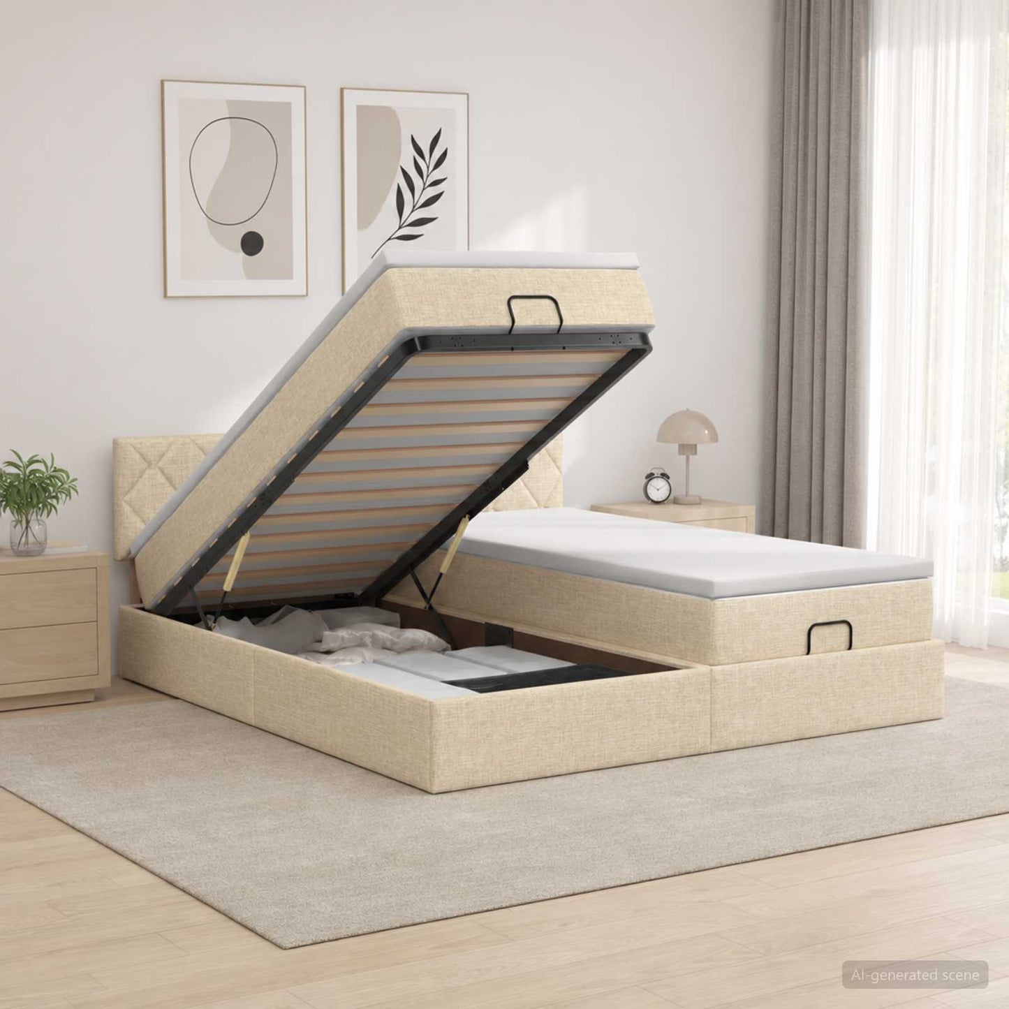 vidaXL Κρεβάτι Ottoman με Στρώμα και LED Κρεμ 180 x 200 cm Ύφασμα