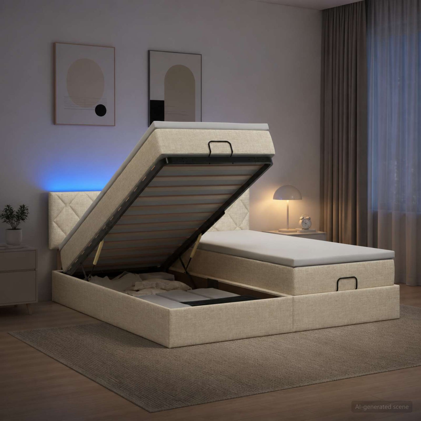vidaXL Κρεβάτι Ottoman με Στρώμα και LED Κρεμ 200 x 200 cm Ύφασμα