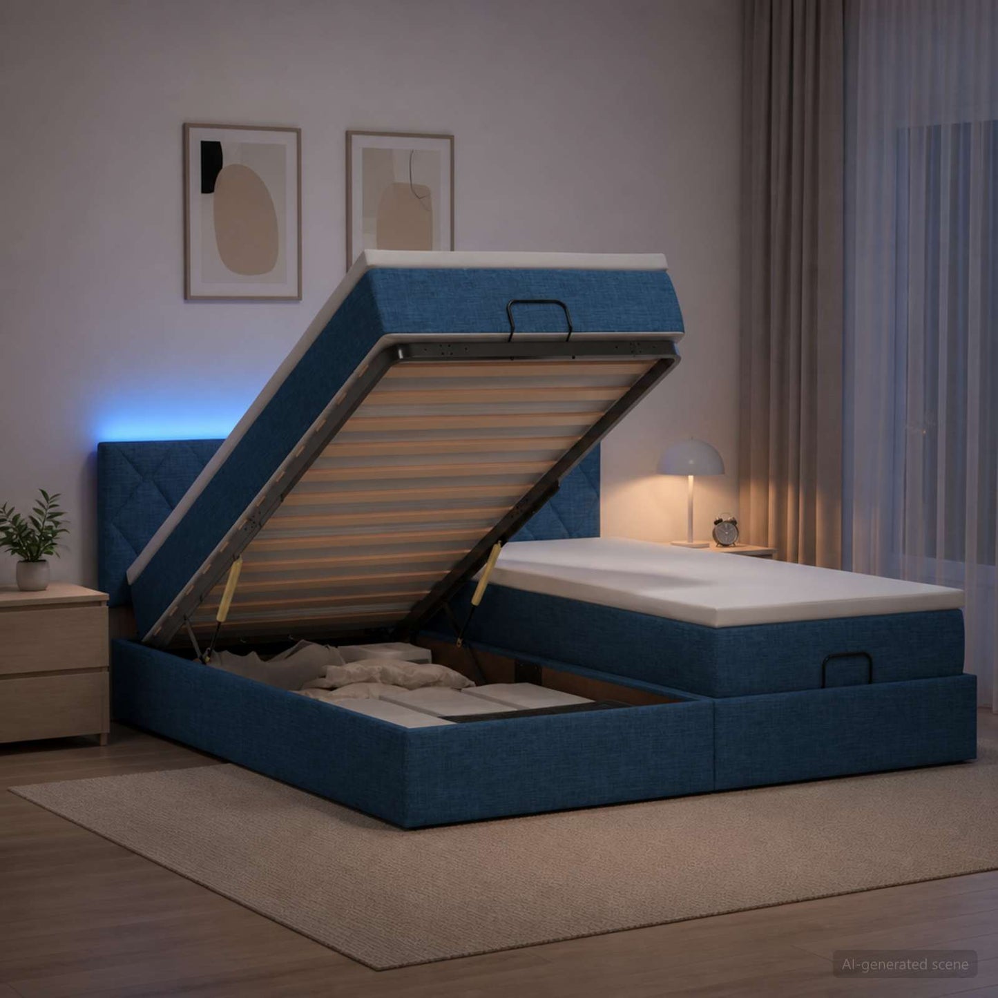vidaXL Κρεβάτι Ottoman με Στρώμα και LED Μπλε 180 x 200 cm Ύφασμα