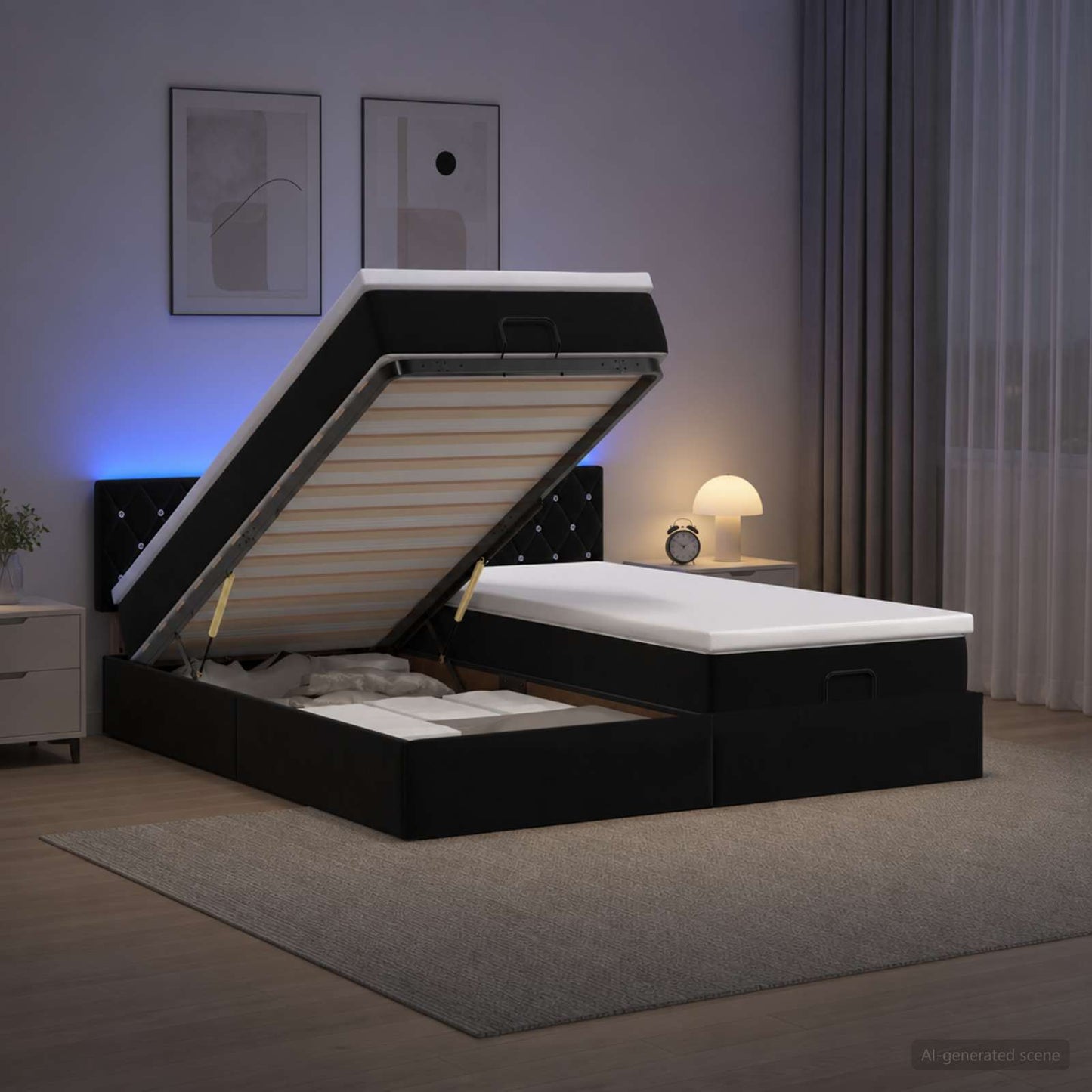 vidaXL Κρεβάτι Ottoman με Στρώμα και LED Μαύρο 200 x 200 cm Βελούδο