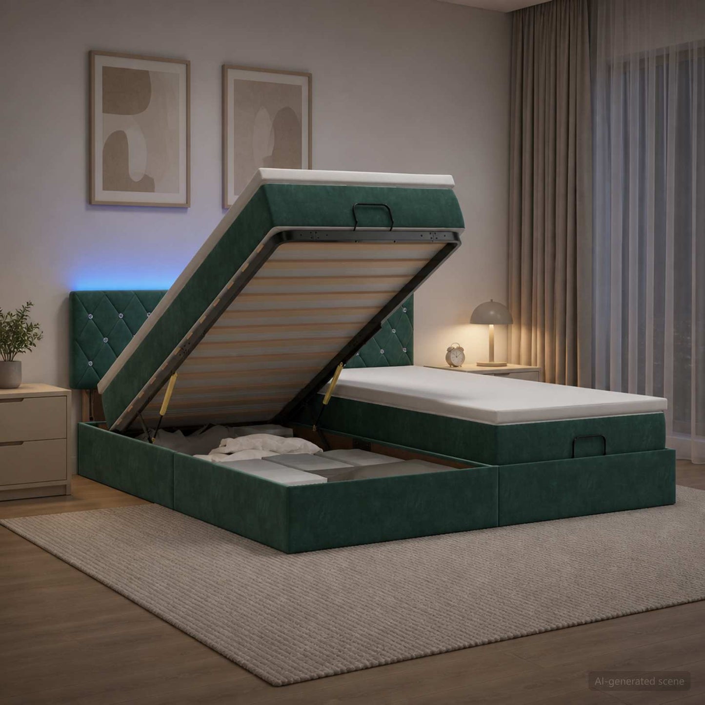 vidaXL Κρεβάτι Ottoman με Στρώμα και LED Σκούρο Πράσινο 180 x 200 cm