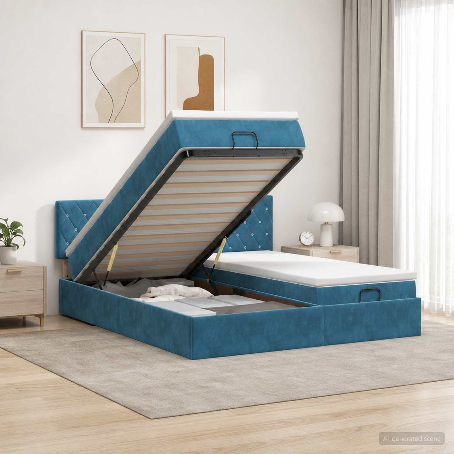 vidaXL Κρεβάτι Ottoman με Στρώμα και LED Σκούρο Μπλε 180 x 200 cm