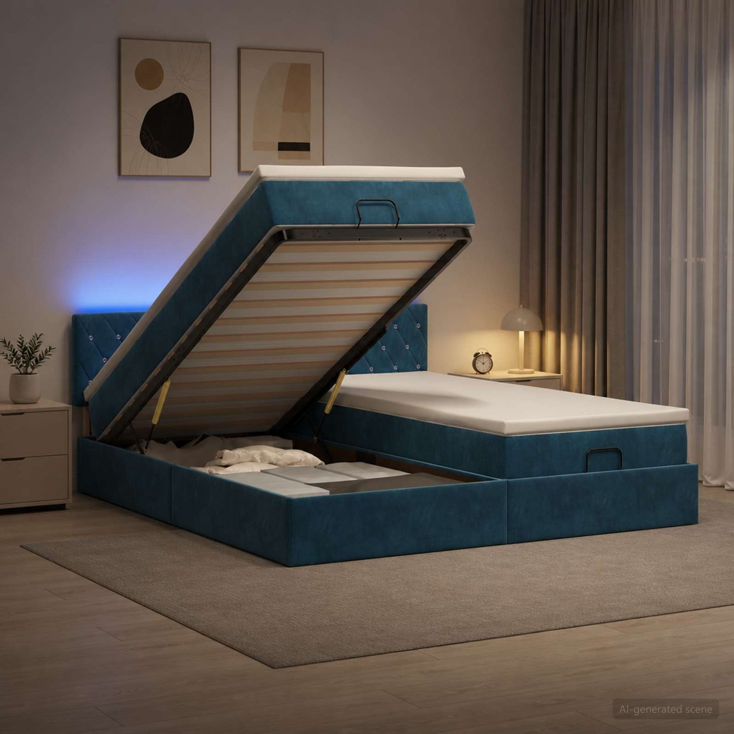 vidaXL Κρεβάτι Ottoman με Στρώμα και LED Σκούρο Μπλε 180 x 200 cm