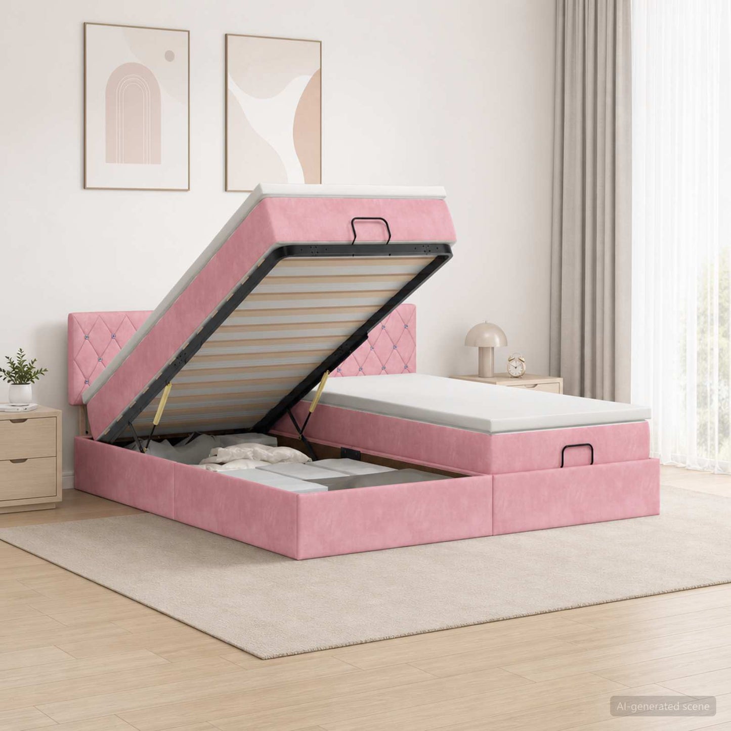 vidaXL Κρεβάτι Ottoman με Στρώμα και LED Ροζ 200 x 200 cm Βελούδο