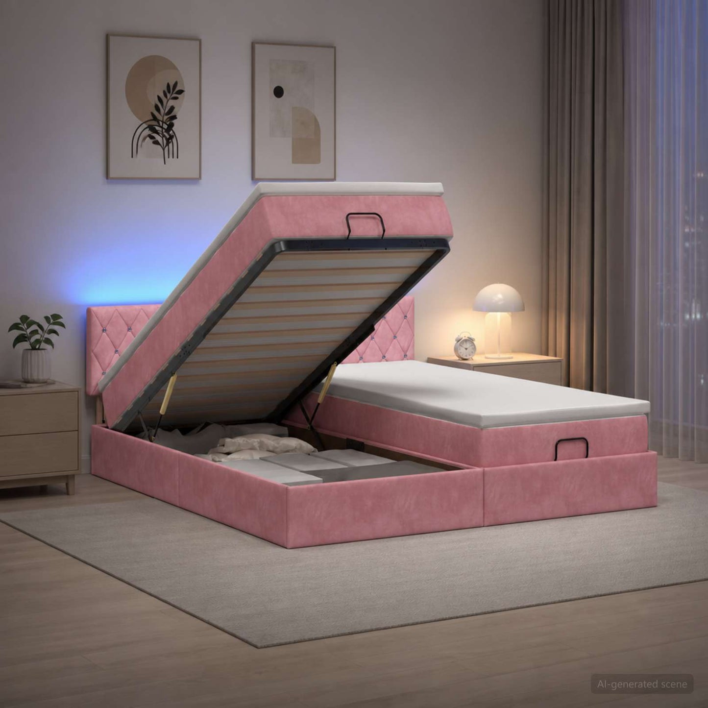 vidaXL Κρεβάτι Ottoman με Στρώμα και LED Ροζ 200 x 200 cm Βελούδο