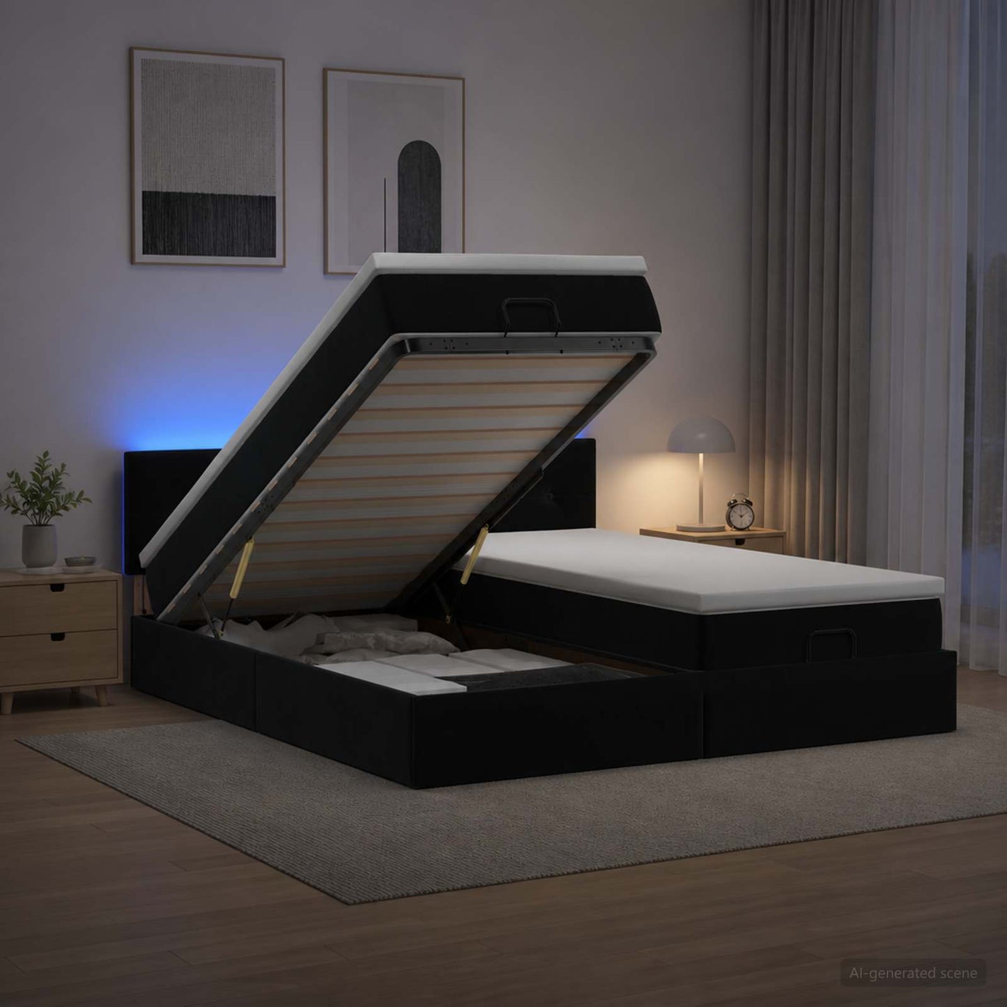 vidaXL Κρεβάτι Ottoman με Στρώμα και LED Μαύρο 160 x 200 cm Βελούδο