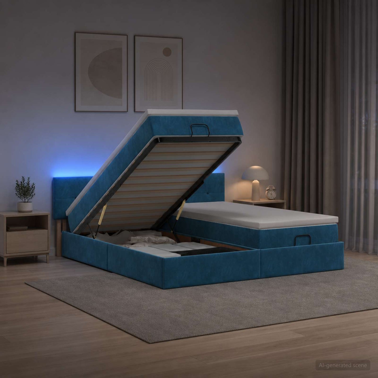 vidaXL Κρεβάτι Ottoman με Στρώμα και LED Σκούρο Μπλε 200 x 200 cm