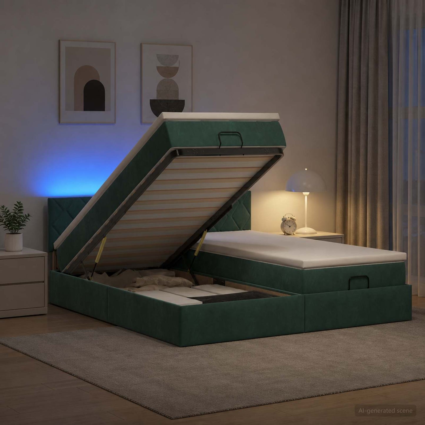 vidaXL Κρεβάτι Ottoman με Στρώμα και LED Σκούρο Πράσινο 200 x 200 cm