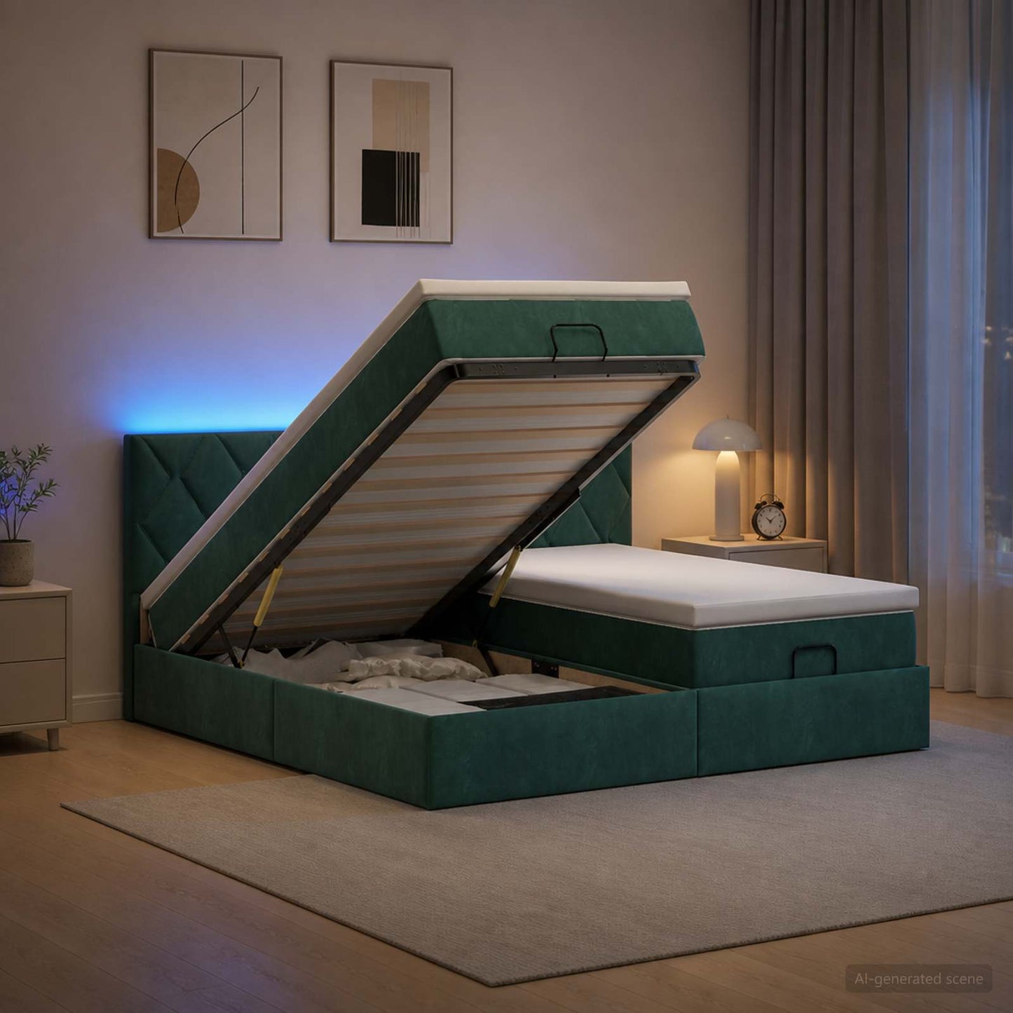 vidaXL Κρεβάτι Ottoman με Στρώμα και LED Σκούρο Πράσινο 200 x 200 cm