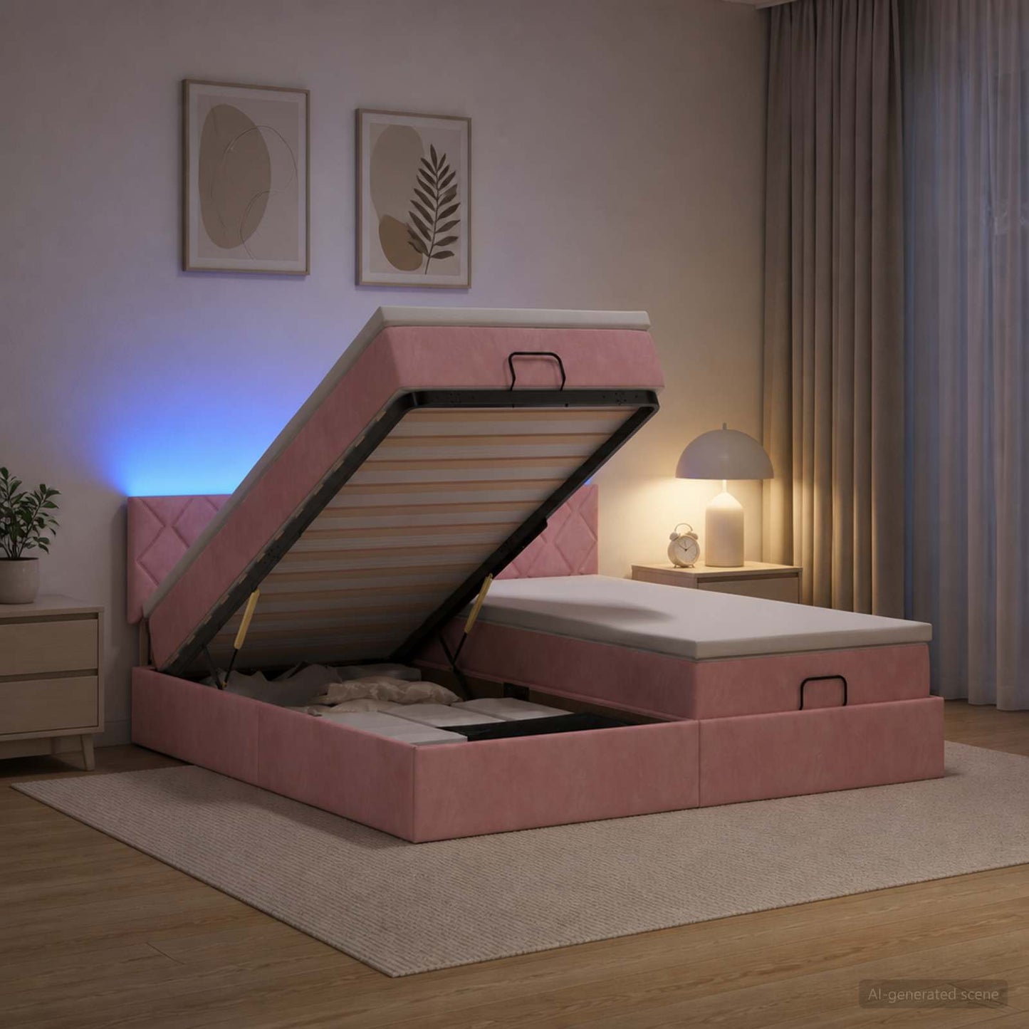 vidaXL Κρεβάτι Ottoman με Στρώμα και LED Ροζ 200 x 200 cm Βελούδο
