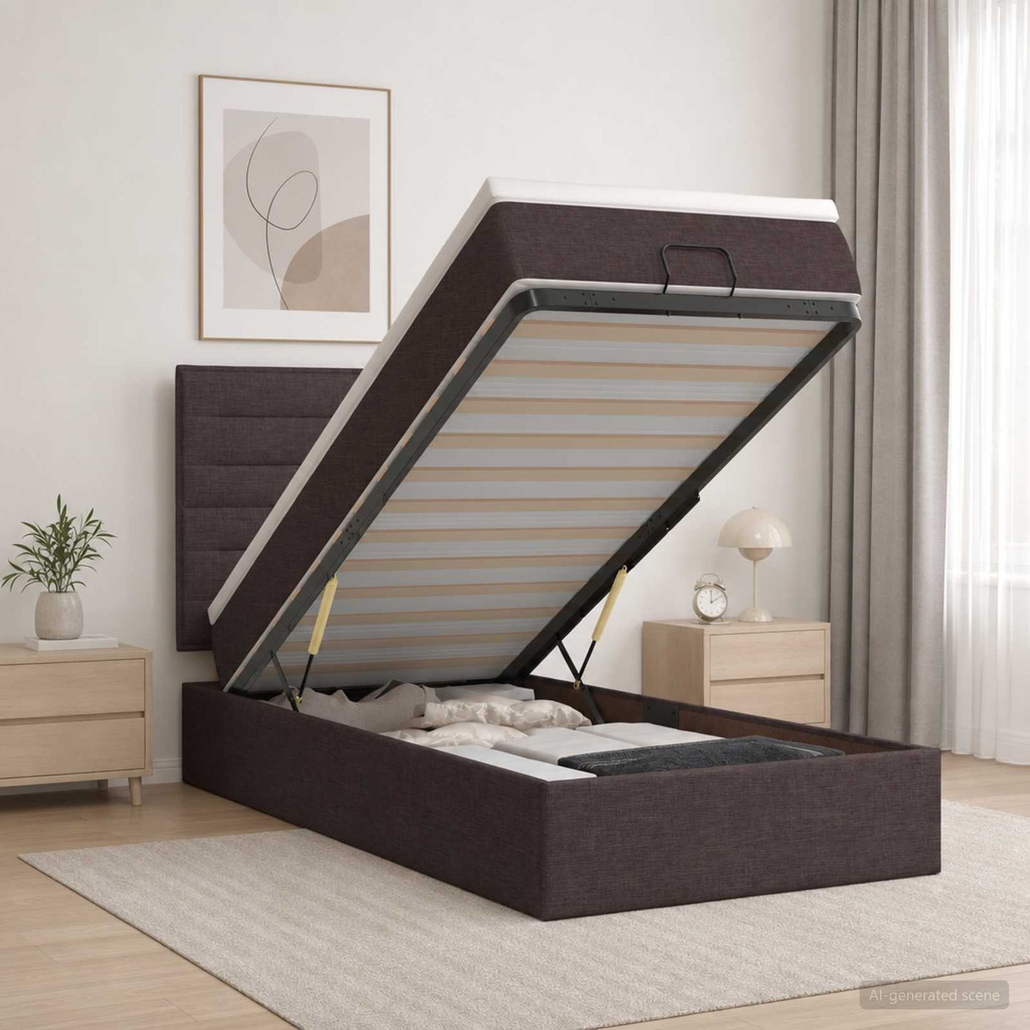 vidaXL Κρεβάτι Ottoman με Στρώμα και LED Σκούρο Καφέ 90 x 200 cm