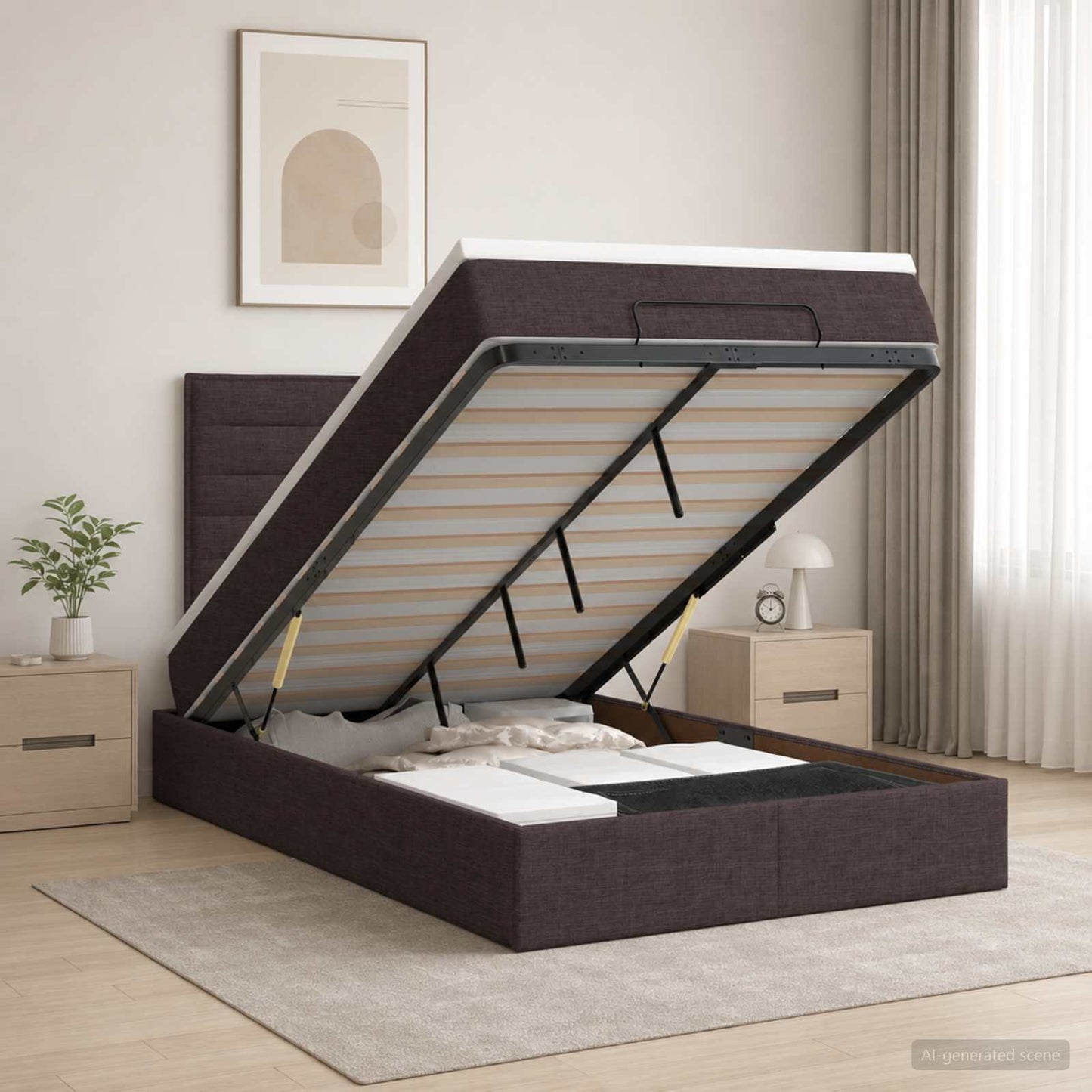vidaXL Κρεβάτι Ottoman με Στρώμα και LED Σκούρο Καφέ 120 x 190 cm