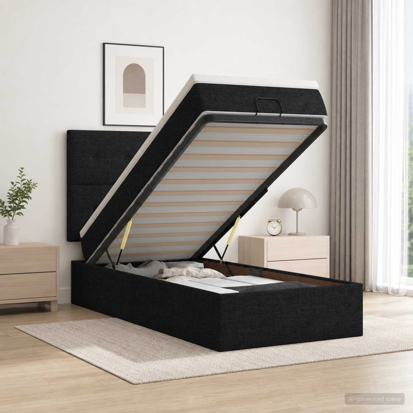 vidaXL Κρεβάτι Ottoman με Στρώμα και LED Μαύρο 100 x 200 cm Ύφασμα