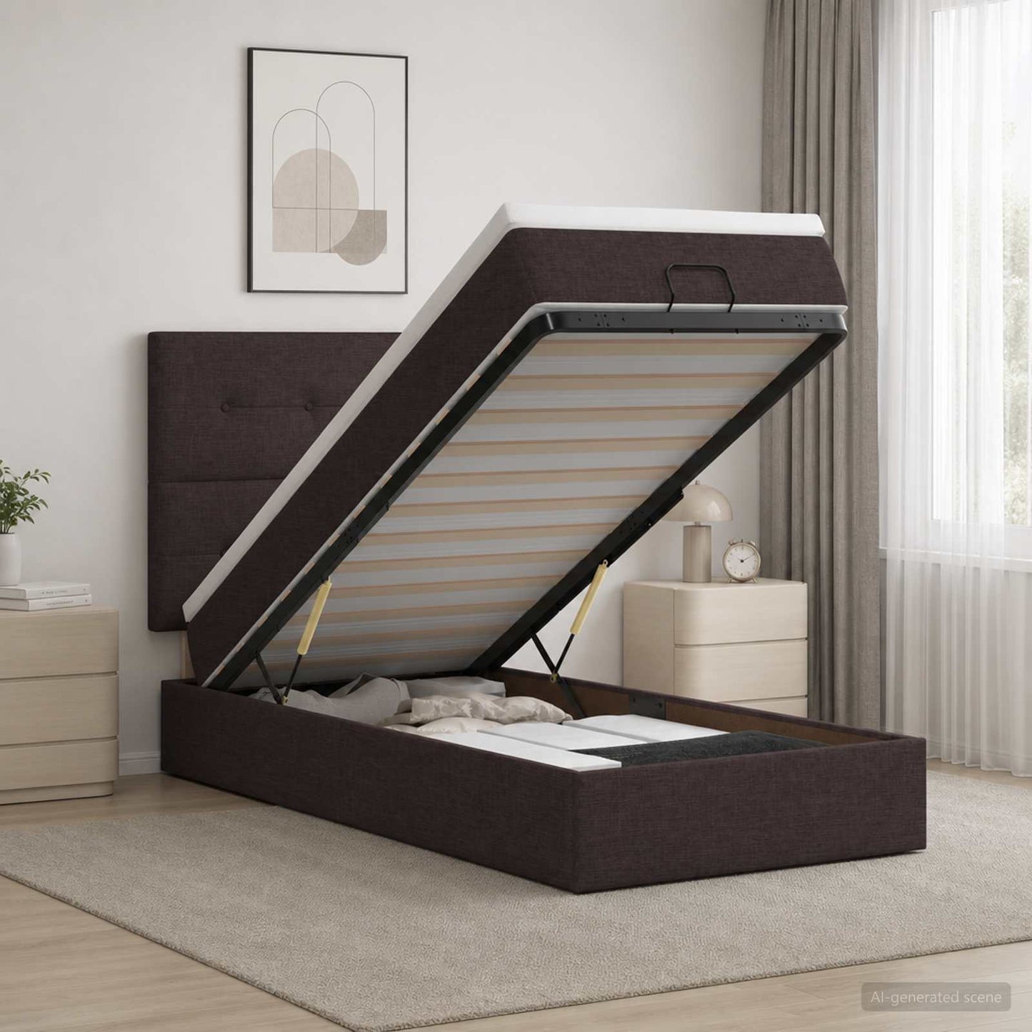 vidaXL Κρεβάτι Ottoman με Στρώμα και LED Σκούρο Καφέ 90 x 190 cm