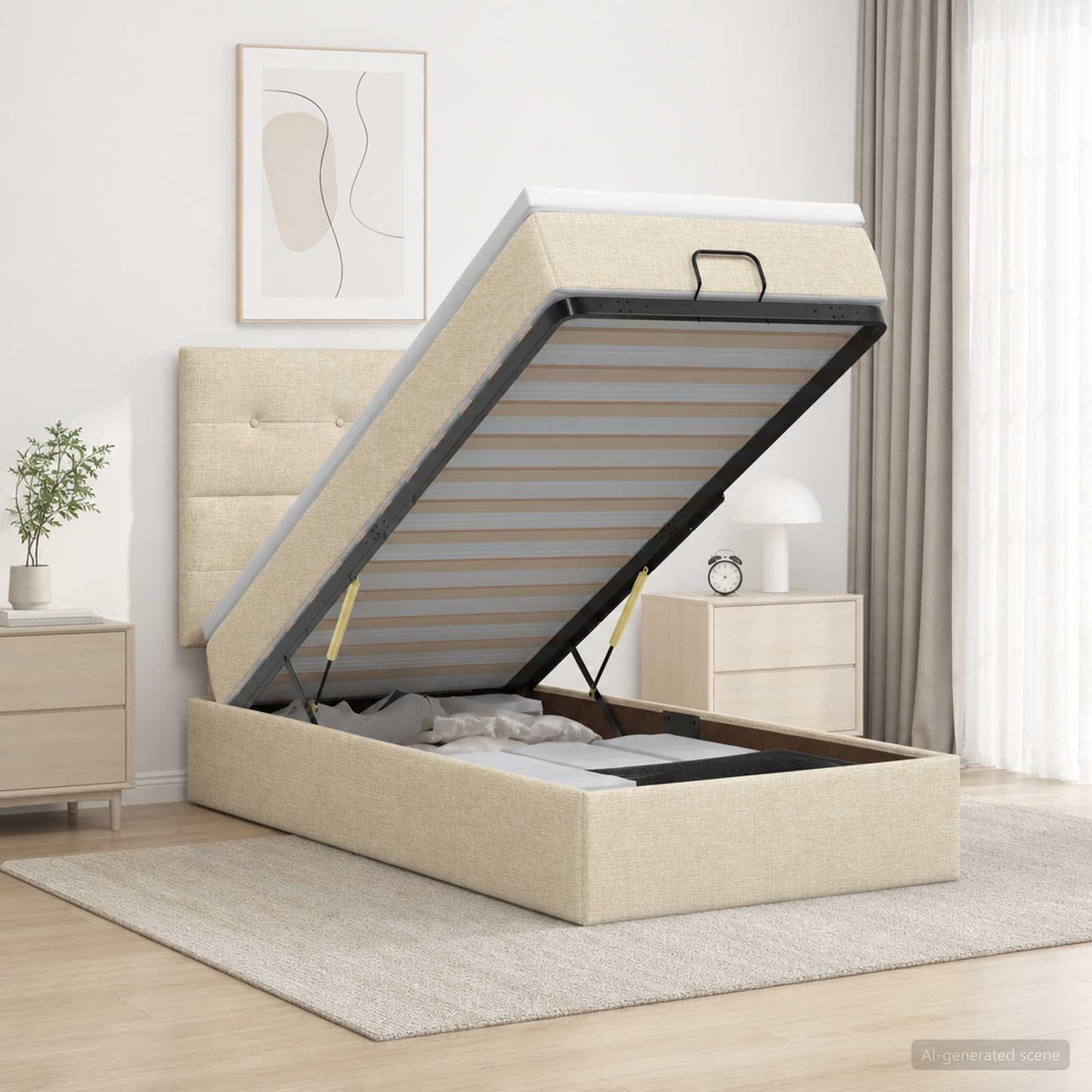 vidaXL Κρεβάτι Ottoman με Στρώμα και LED Κρεμ 100 x 200 cm Ύφασμα