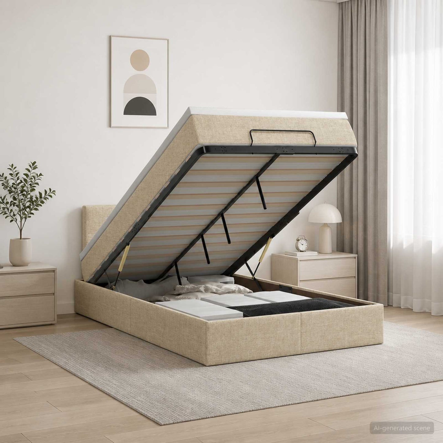 vidaXL Κρεβάτι Ottoman με Στρώμα και LED Κρεμ 120 x 200 cm Ύφασμα