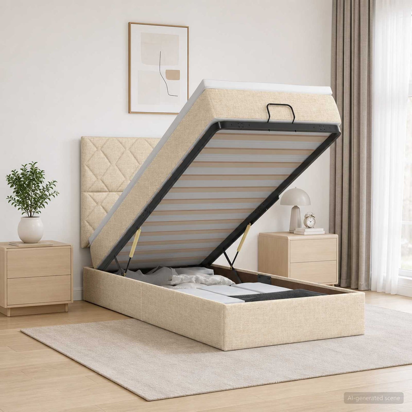 vidaXL Κρεβάτι Ottoman με Στρώμα και LED Κρεμ 90 x 200 cm Ύφασμα