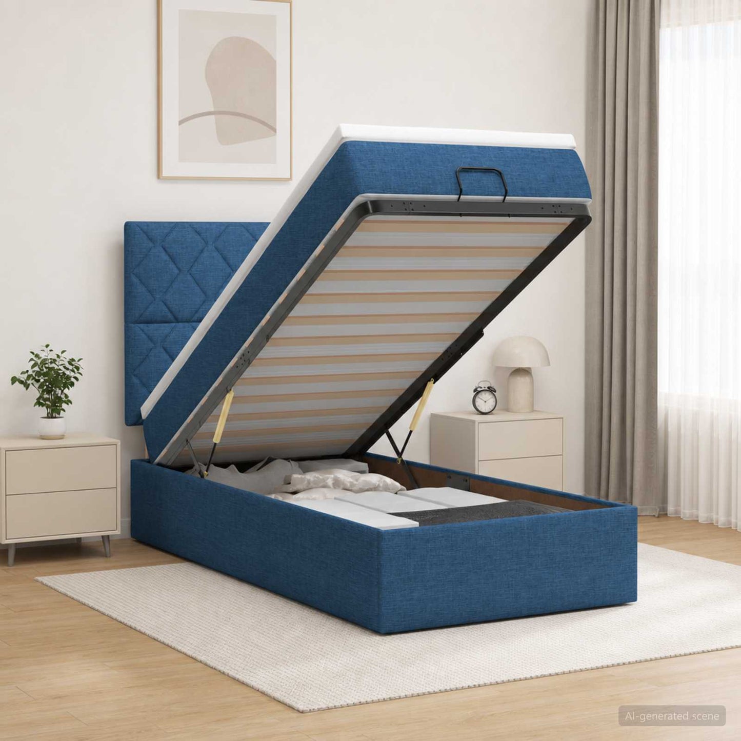 vidaXL Κρεβάτι Ottoman με Στρώμα και LED Μπλε 100 x 200 cm Ύφασμα