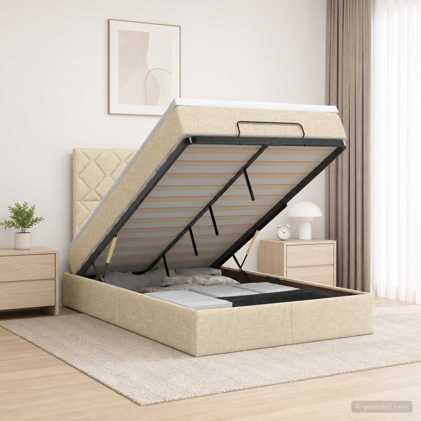vidaXL Κρεβάτι Ottoman με Στρώμα και LED Κρεμ 120 x 200 cm Ύφασμα