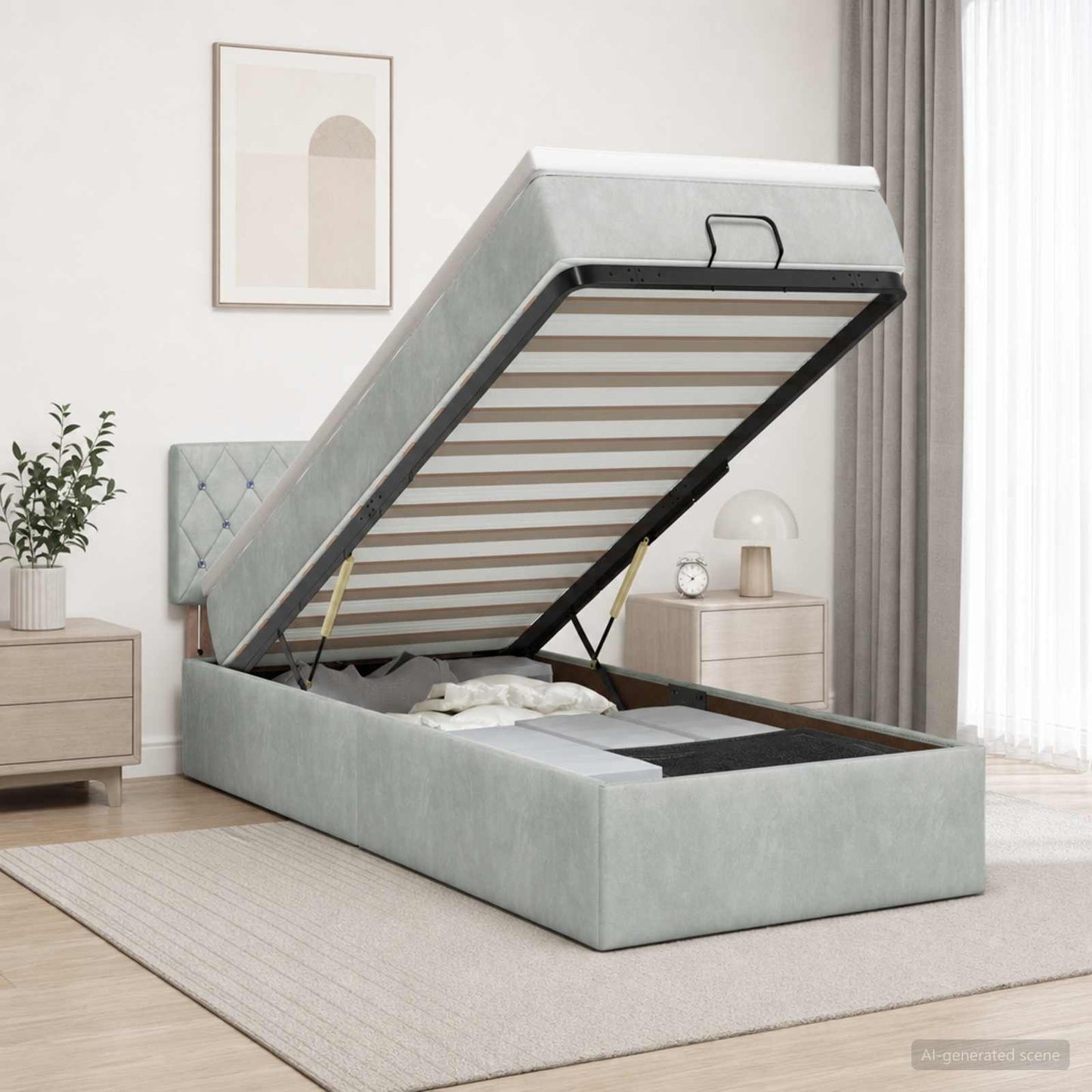 vidaXL Κρεβάτι Ottoman με Στρώμα και LED Ανοιχτό γκρι 90 x 200 cm