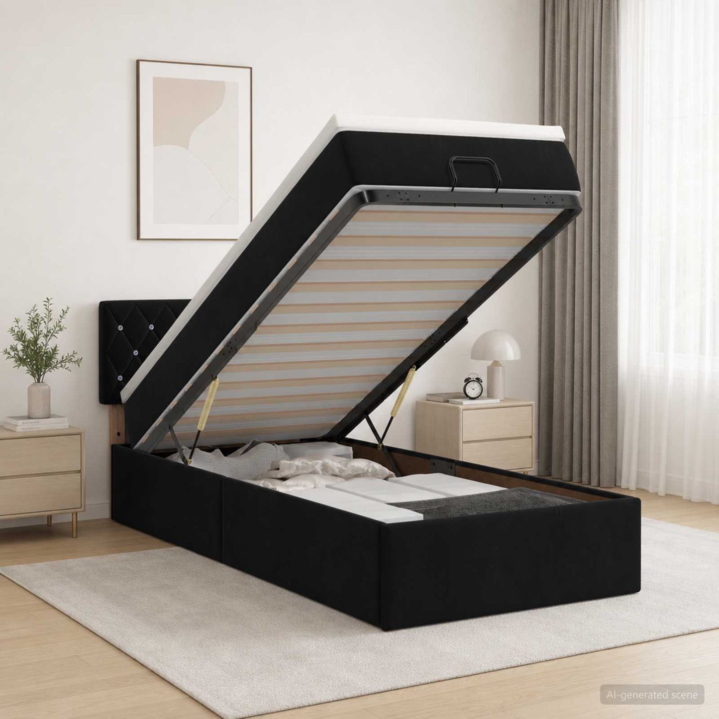 vidaXL Κρεβάτι Ottoman με Στρώμα και LED Μαύρο 90 x 200 cm Βελούδο