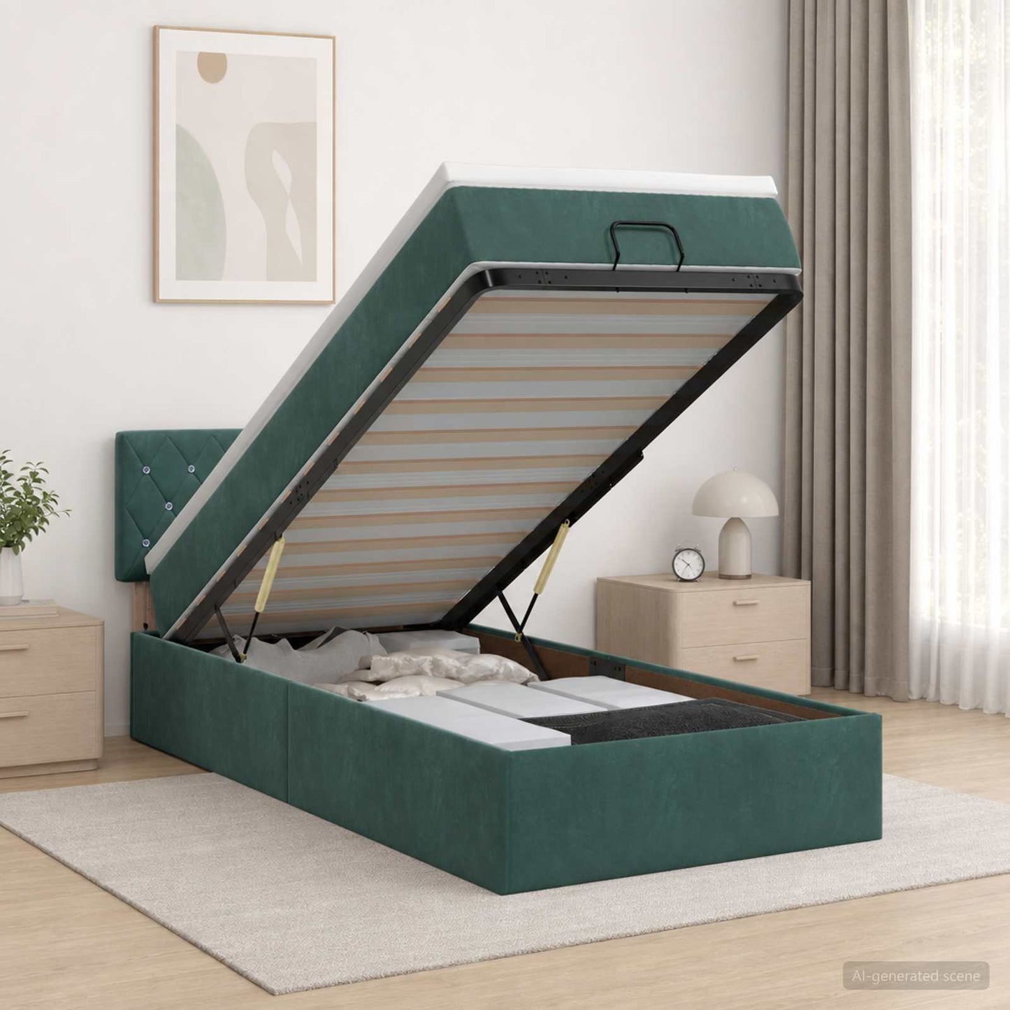 vidaXL Κρεβάτι Ottoman με Στρώμα και LED Σκούρο Πράσινο 90 x 190 cm