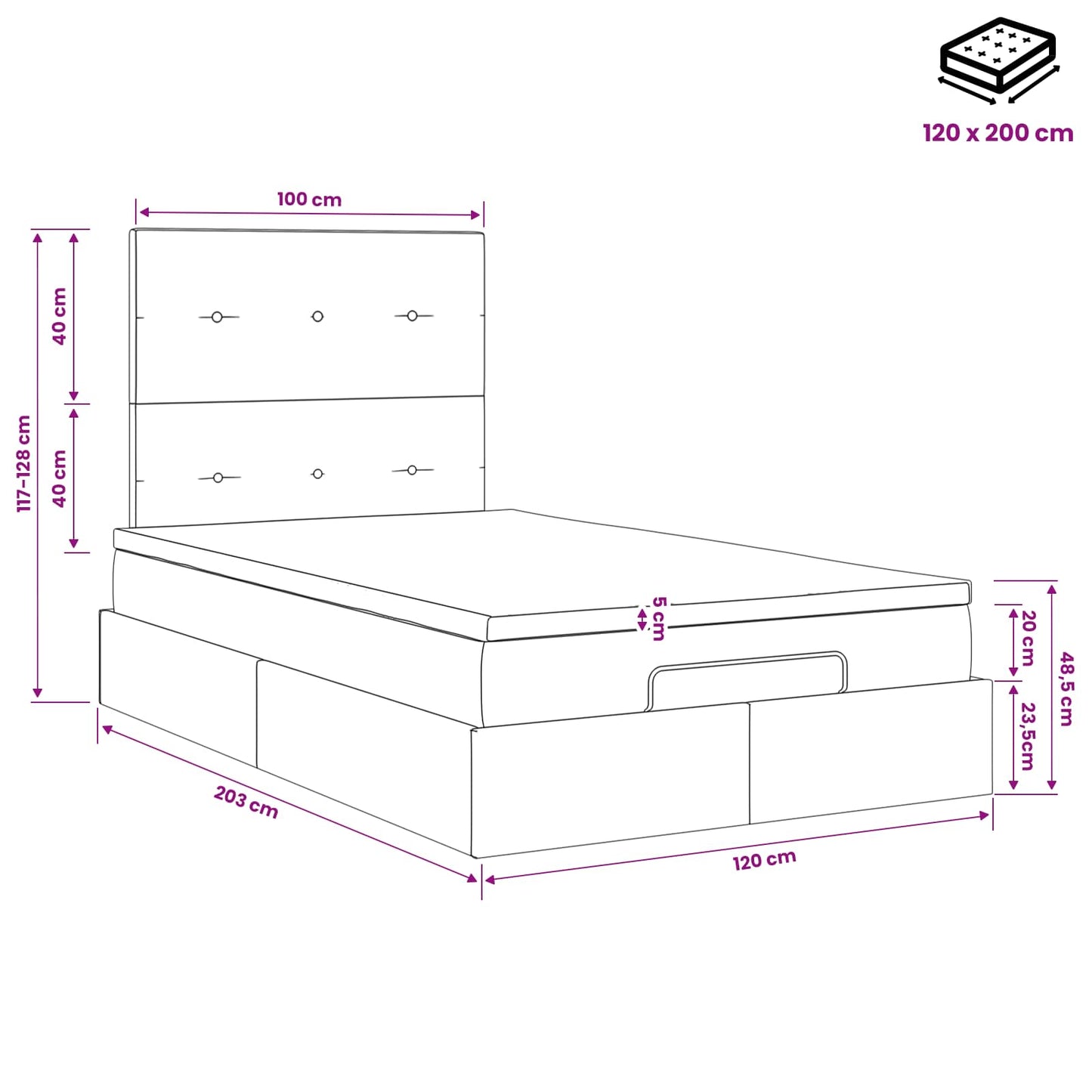 vidaXL Κρεβάτι Ottoman με στρώμα Μαύρο 120 x 200 cm Βελούδο