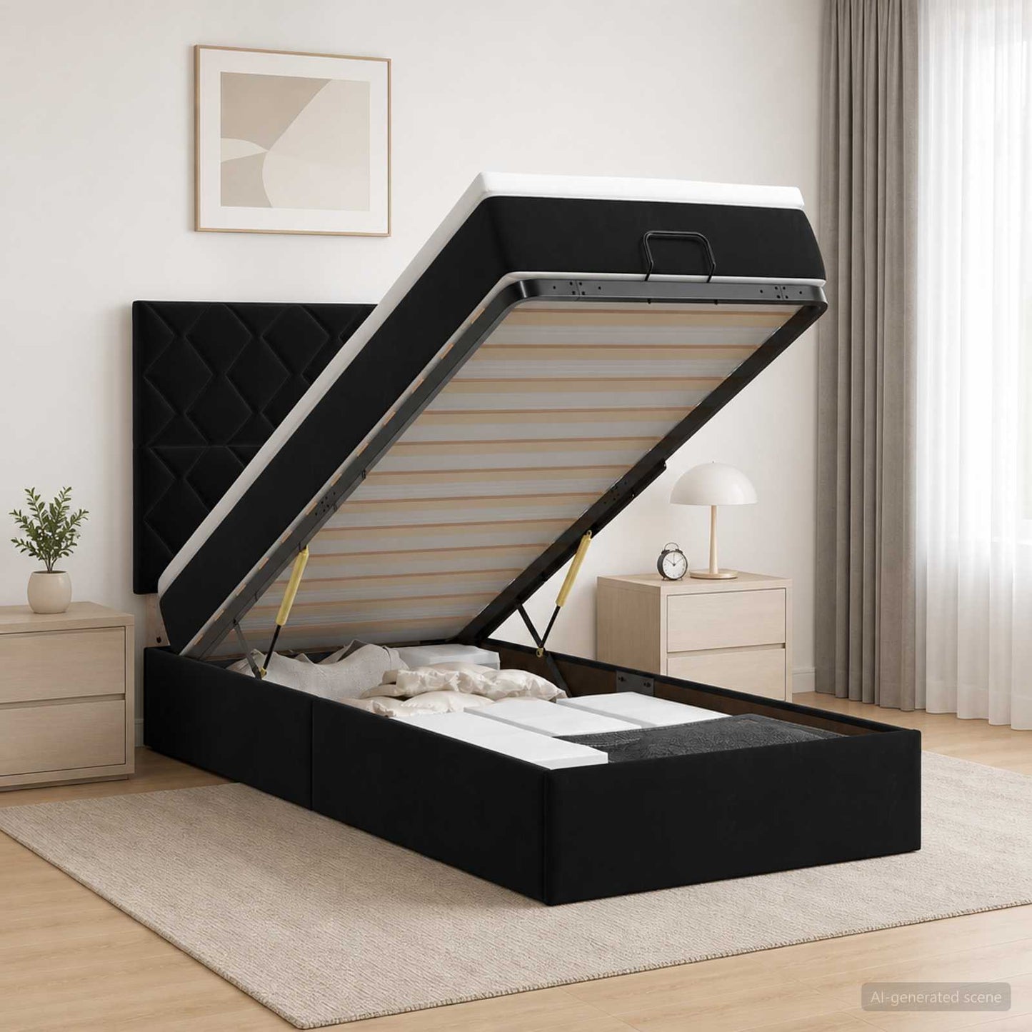 vidaXL Κρεβάτι Ottoman με Στρώμα και LED Μαύρο 100 x 200 cm Βελούδο