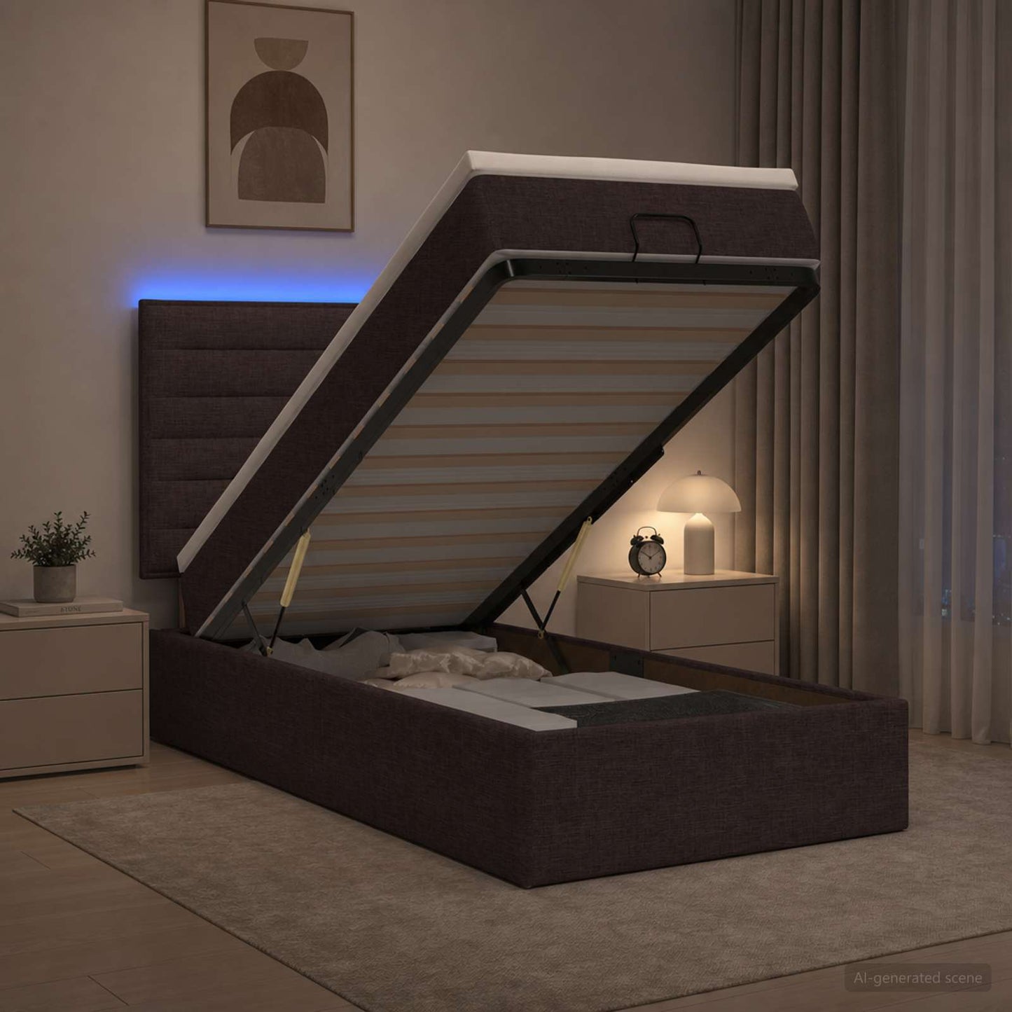vidaXL Κρεβάτι Ottoman με Στρώμα και LED Σκούρο Καφέ 90 x 190 cm