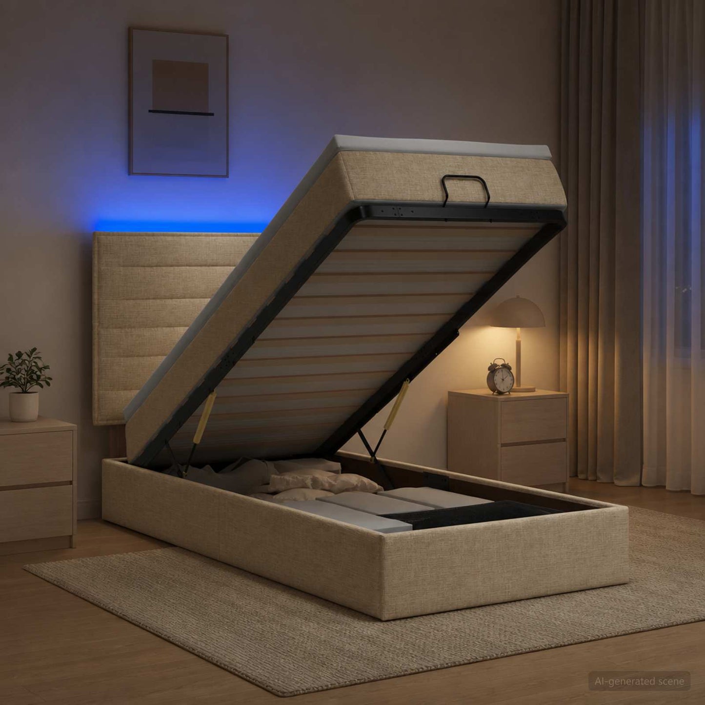 vidaXL Κρεβάτι Ottoman με Στρώμα και LED Κρεμ 90 x 200 cm Ύφασμα