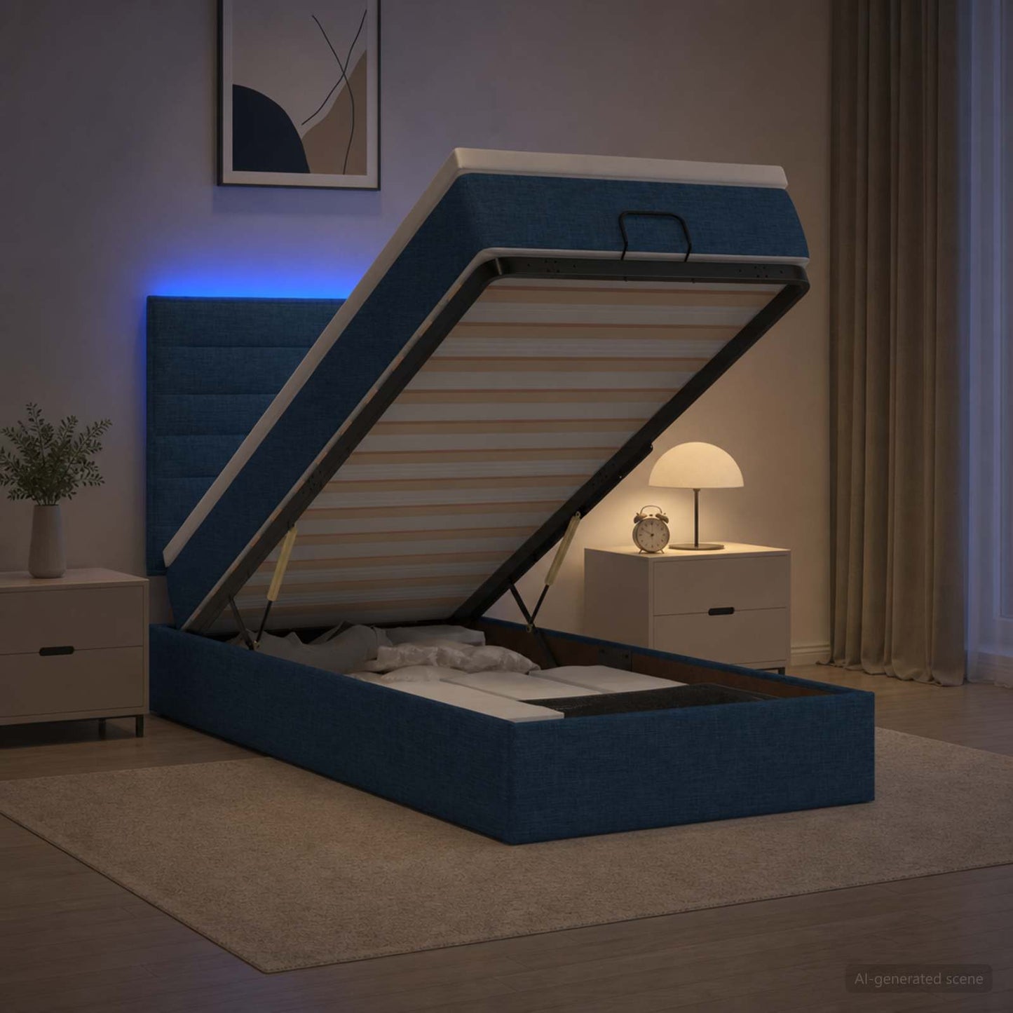 vidaXL Κρεβάτι Ottoman με Στρώμα και LED Μπλε 90 x 200 cm Ύφασμα