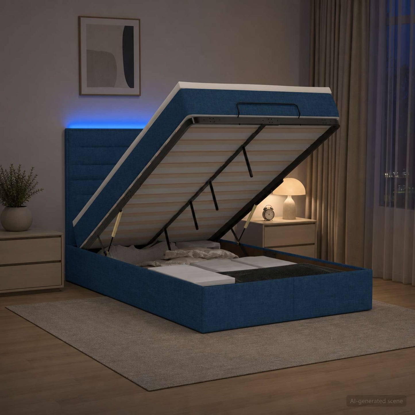 vidaXL Κρεβάτι Ottoman με Στρώμα και LED Μπλε 120 x 200 cm Ύφασμα