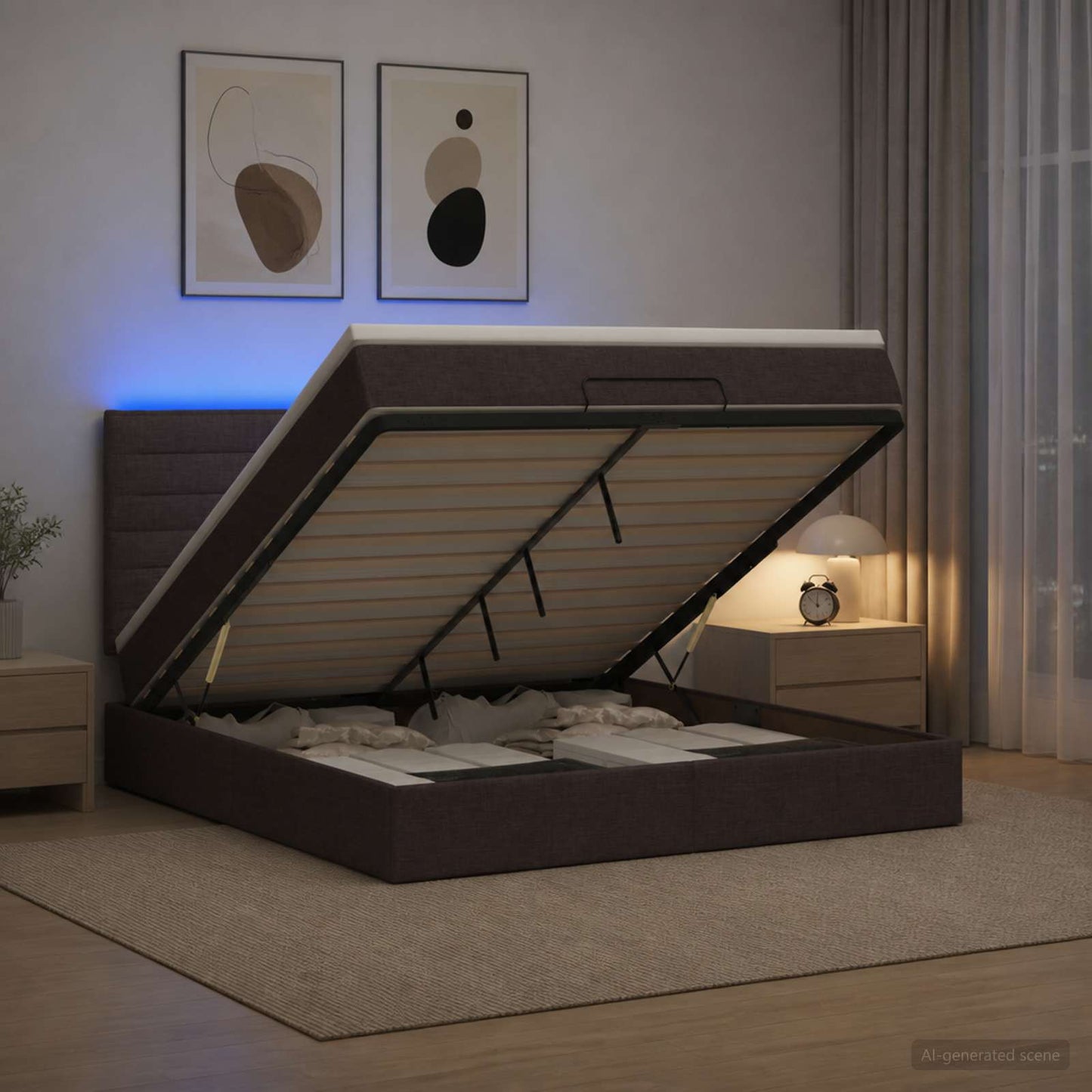 vidaXL Κρεβάτι Ottoman με Στρώμα και LED Σκούρο Καφέ 140 x 200 cm