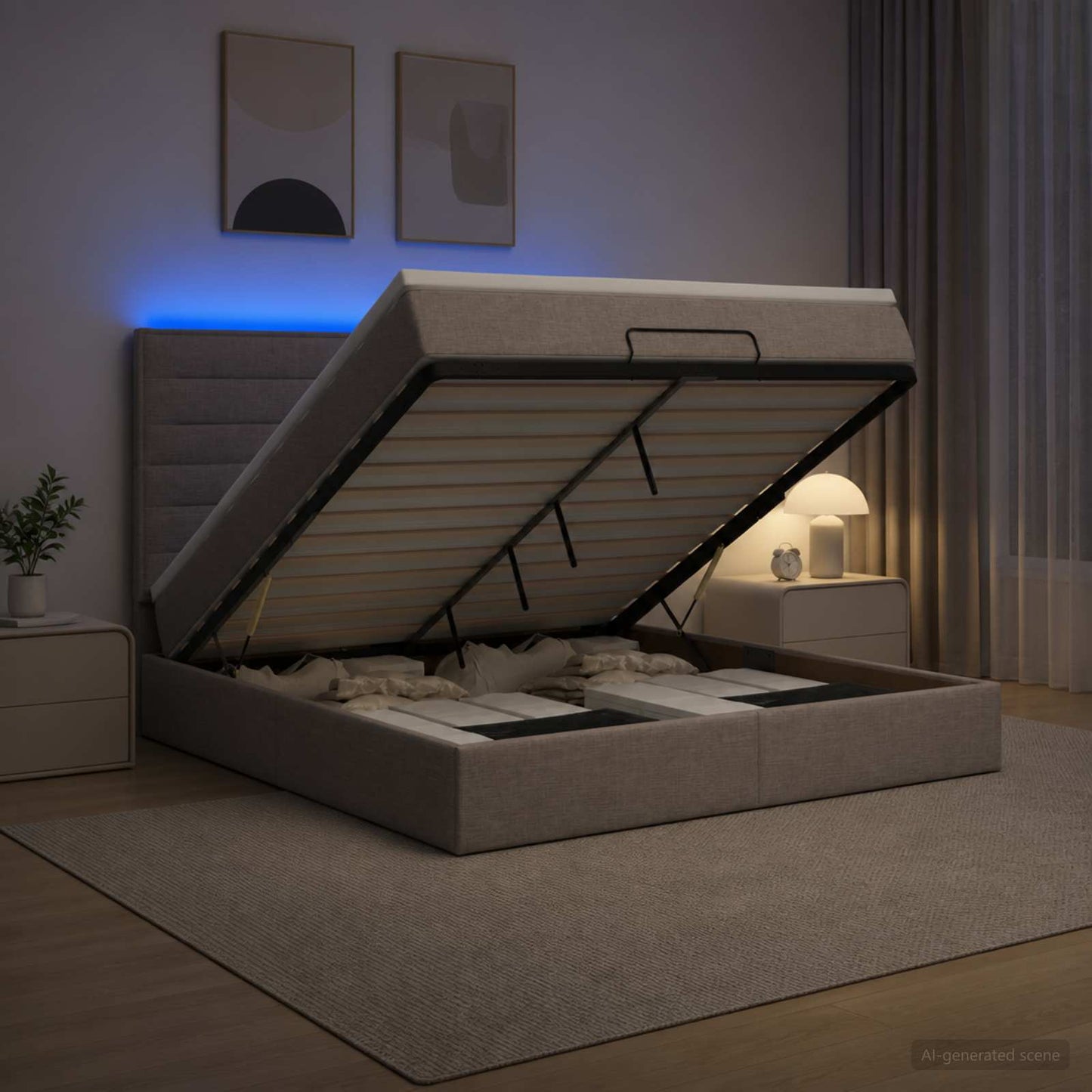 vidaXL Κρεβάτι Ottoman με Στρώμα και LED Taupe 140 x 200 cm Ύφασμα