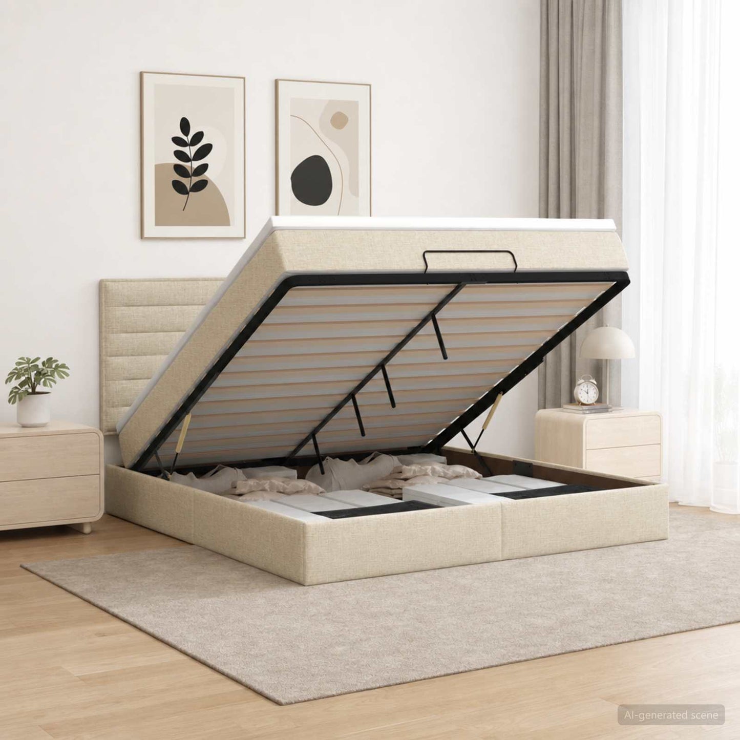 vidaXL Κρεβάτι Ottoman με Στρώμα και LED Κρεμ 180 x 200 cm Ύφασμα