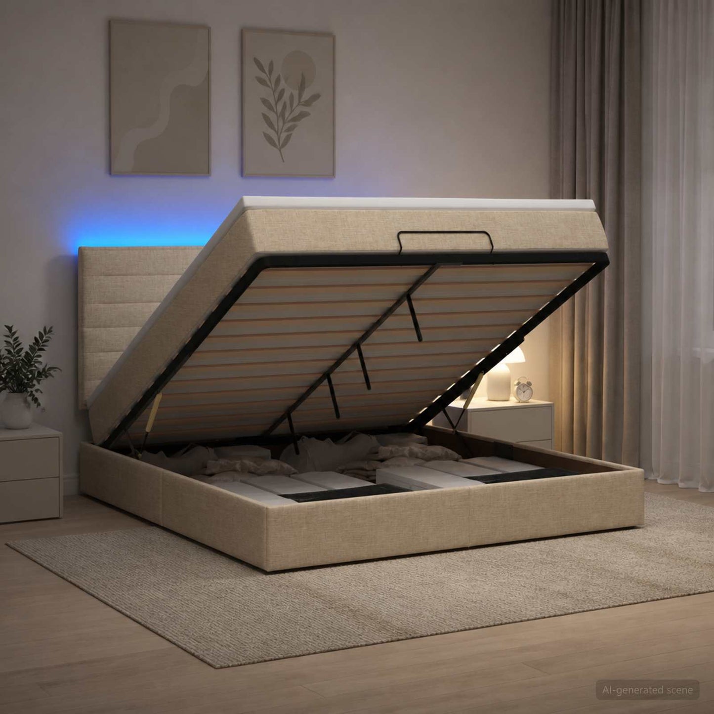 vidaXL Κρεβάτι Ottoman με Στρώμα και LED Κρεμ 180 x 200 cm Ύφασμα