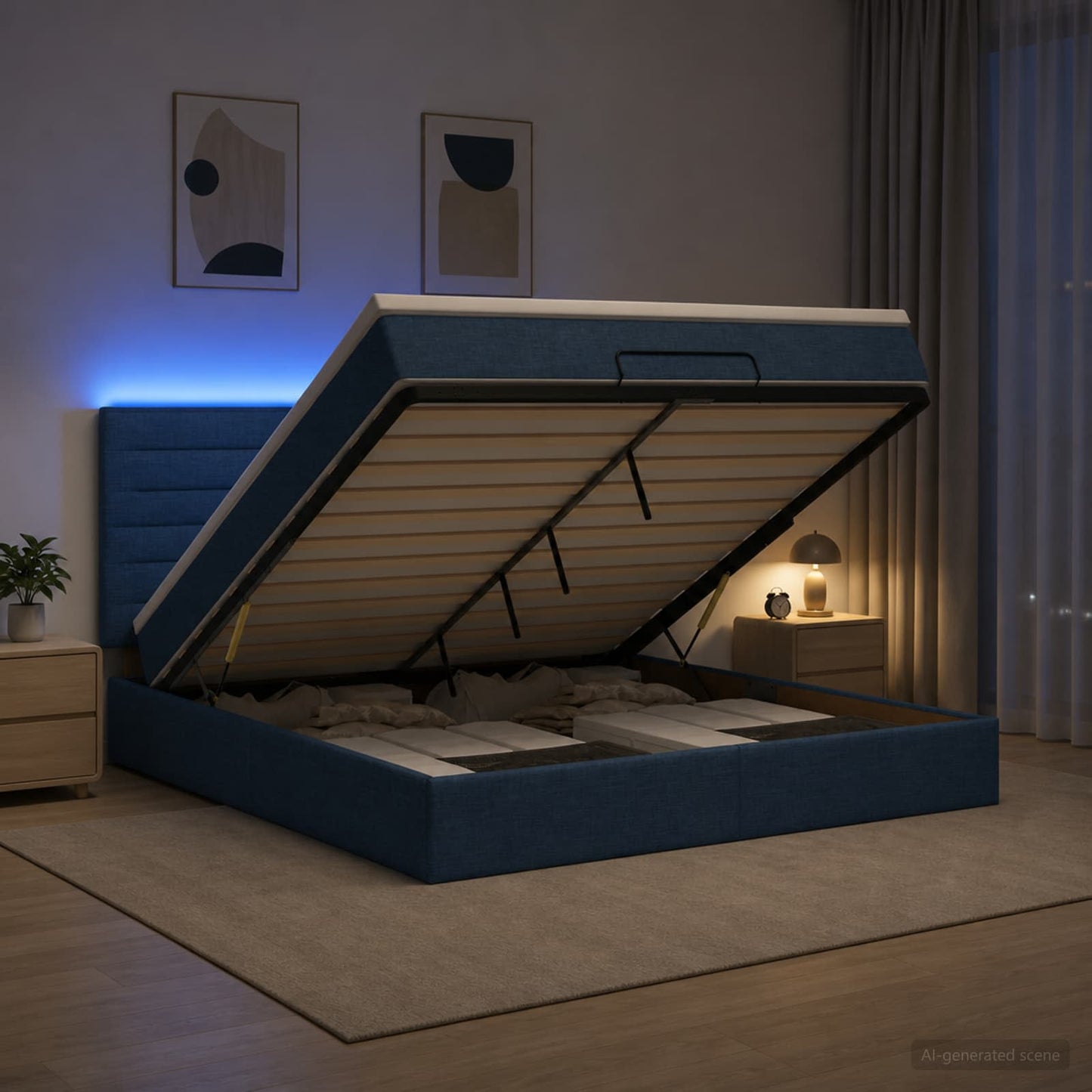 vidaXL Κρεβάτι Ottoman με Στρώμα και LED Μπλε 180 x 200 cm Ύφασμα