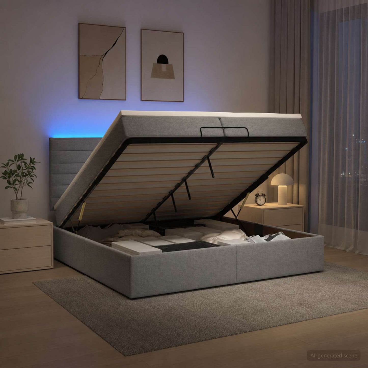 vidaXL Κρεβάτι Ottoman με Στρώμα και LED Ανοιχτό γκρι 200 x 200 cm