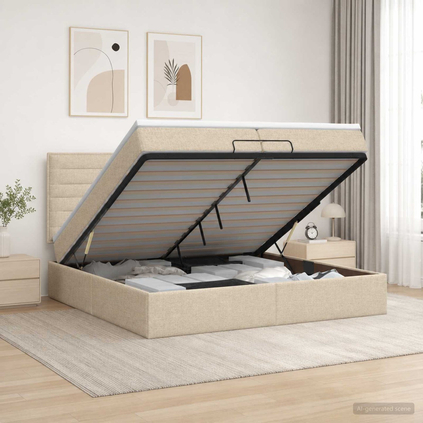 vidaXL Κρεβάτι Ottoman με στρώμα με κεφαλάρι Κρεμ 200 x 200 cm Ύφασμα