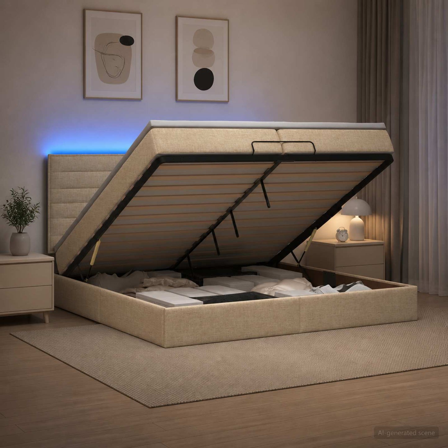 vidaXL Κρεβάτι Ottoman με Στρώμα και LED Κρεμ 200 x 200 cm Ύφασμα