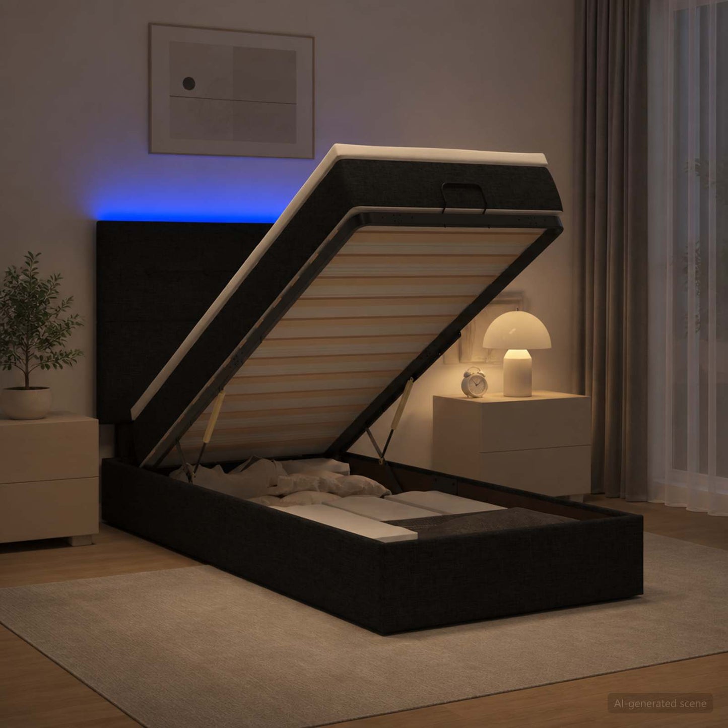 vidaXL Κρεβάτι Ottoman με Στρώμα και LED Μαύρο 90 x 200 cm Ύφασμα
