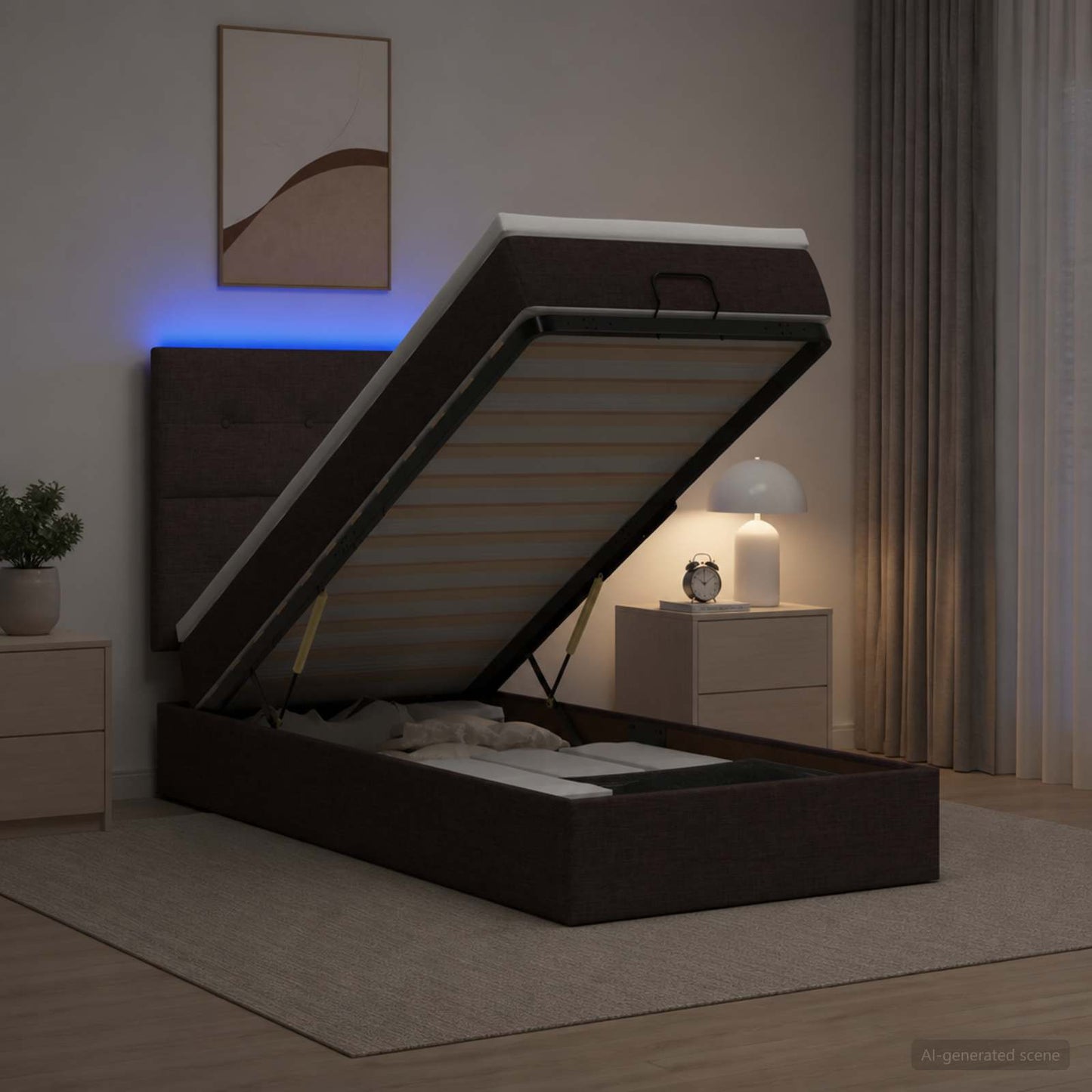 vidaXL Κρεβάτι Ottoman με Στρώμα και LED Σκούρο Καφέ 90 x 190 cm