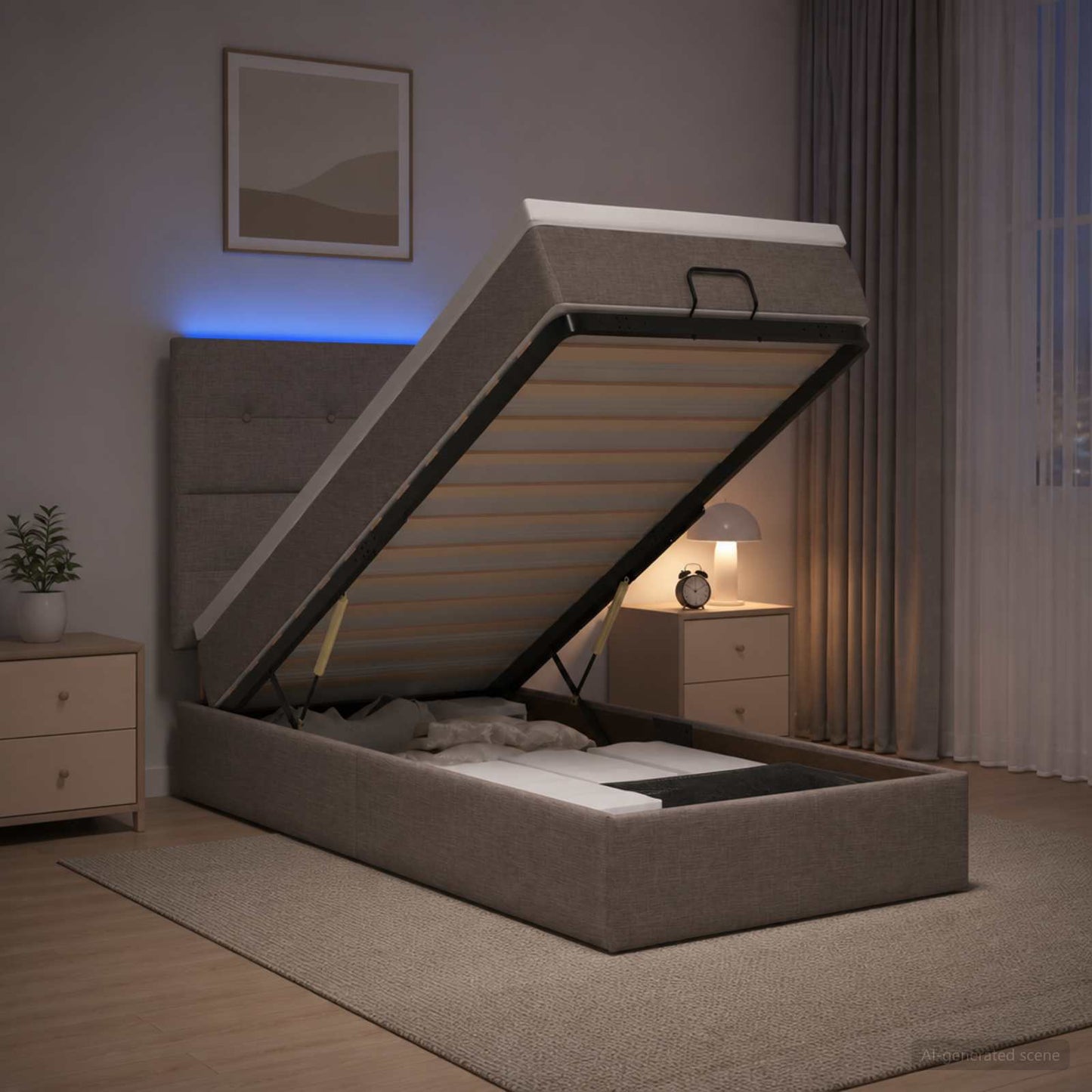 vidaXL Κρεβάτι Ottoman με Στρώμα και LED Taupe 90 x 200 cm Ύφασμα