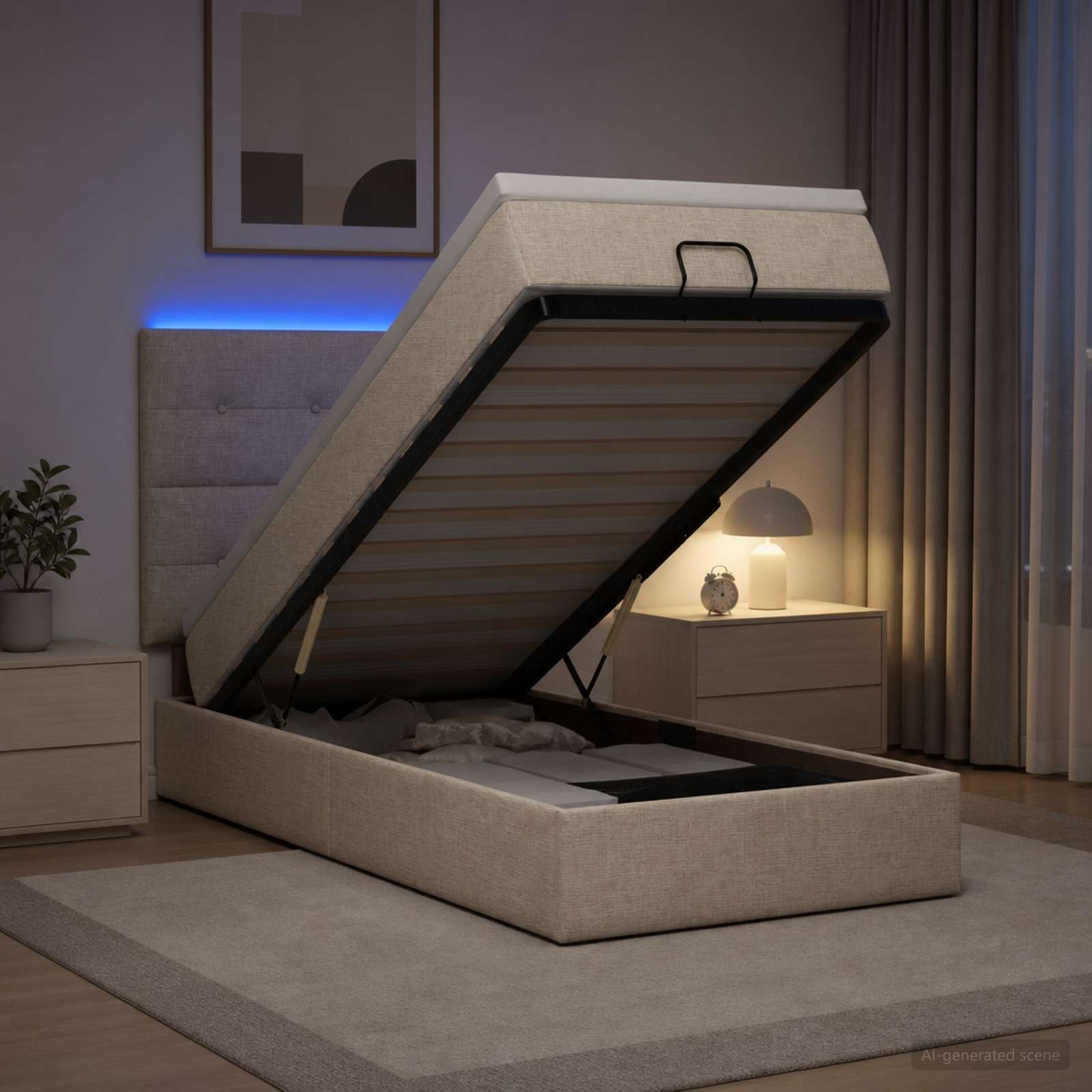vidaXL Κρεβάτι Ottoman με Στρώμα και LED Κρεμ 100 x 200 cm Ύφασμα