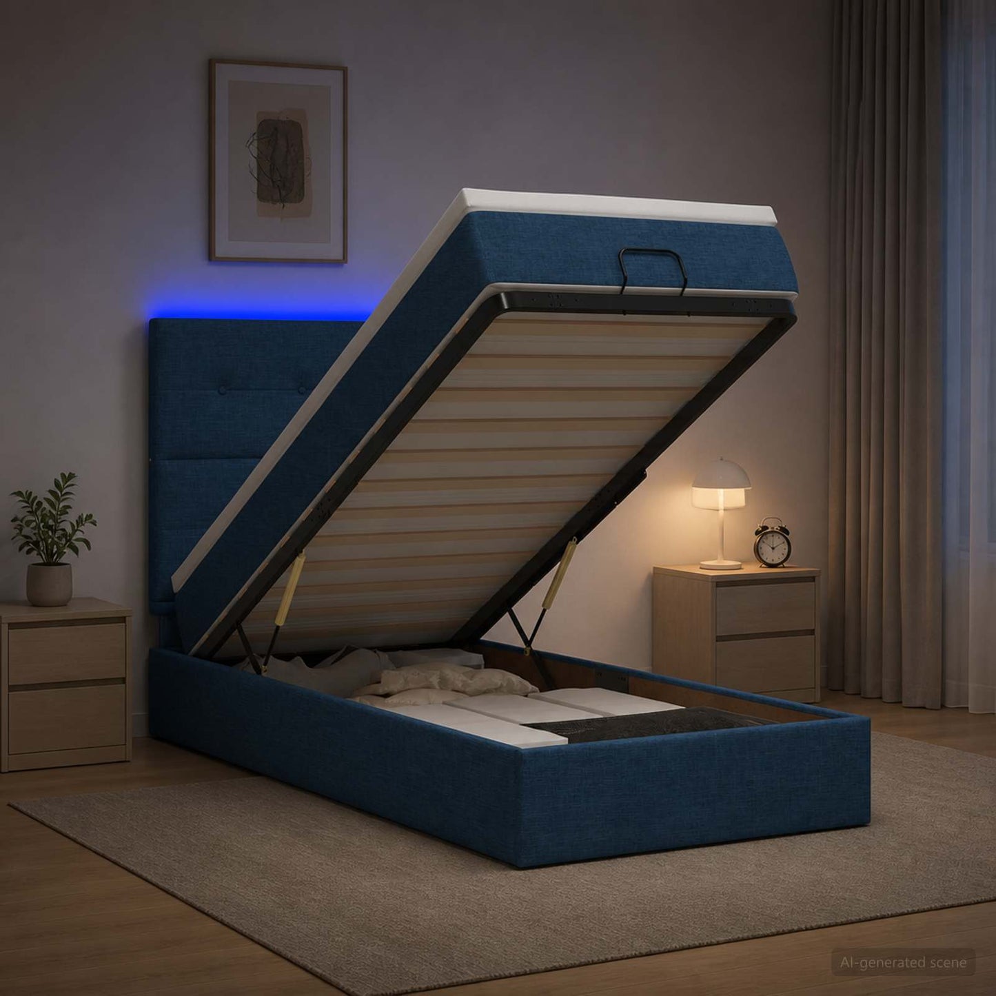 vidaXL Κρεβάτι Ottoman με Στρώμα και LED Μπλε 90 x 190 cm Ύφασμα