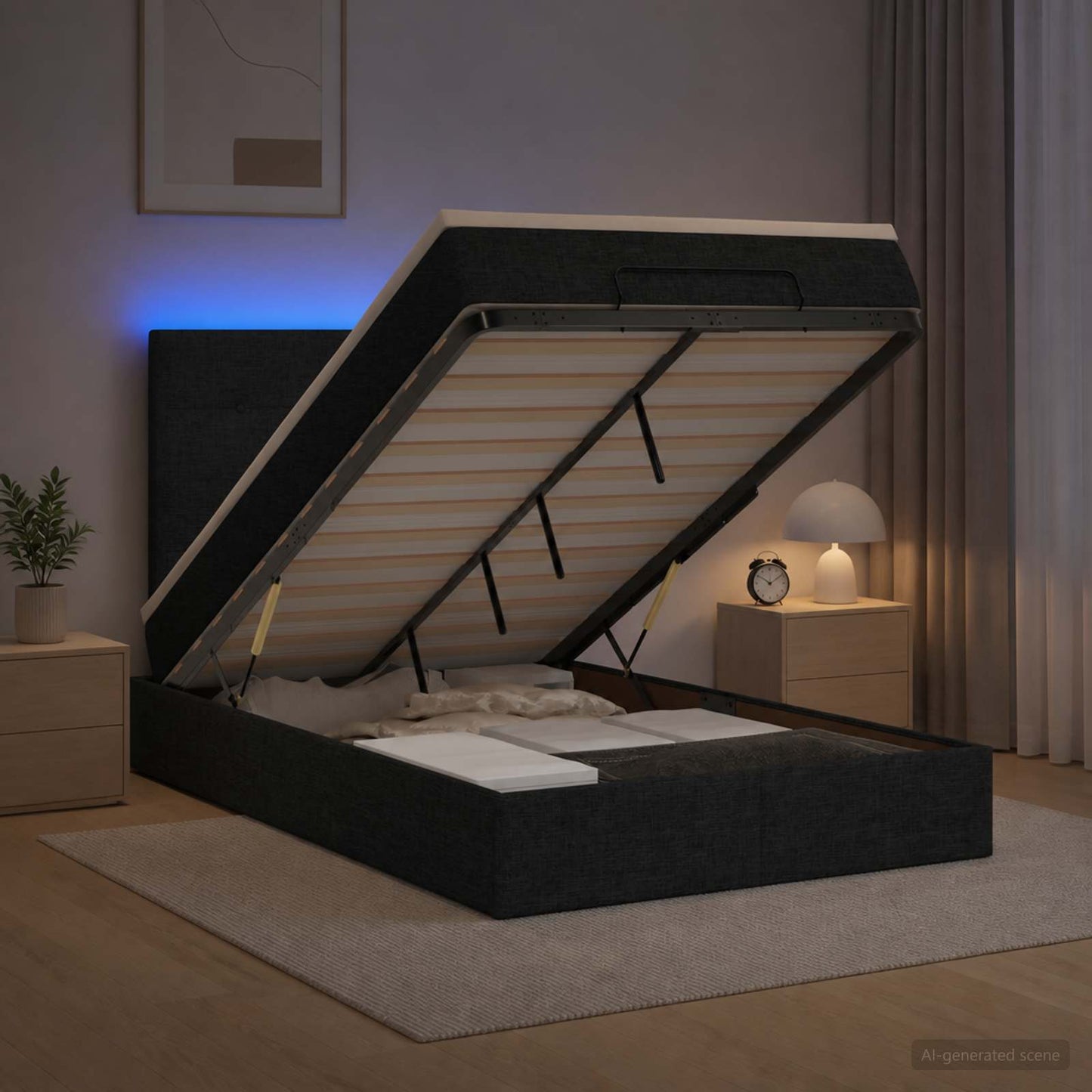 vidaXL Κρεβάτι Ottoman με Στρώμα και LED Μαύρο 120 x 200 cm Ύφασμα