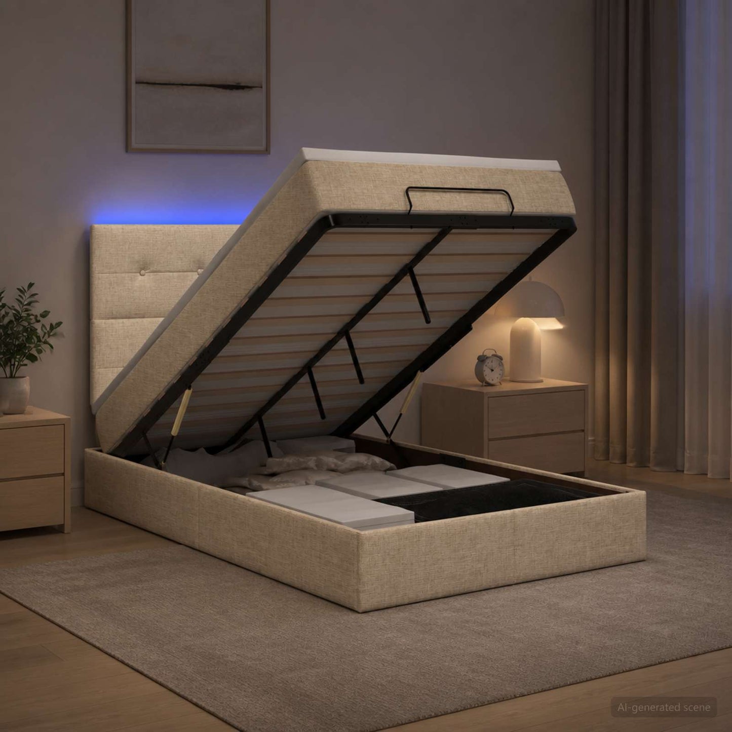 vidaXL Κρεβάτι Ottoman με Στρώμα και LED Κρεμ 120 x 200 cm Ύφασμα