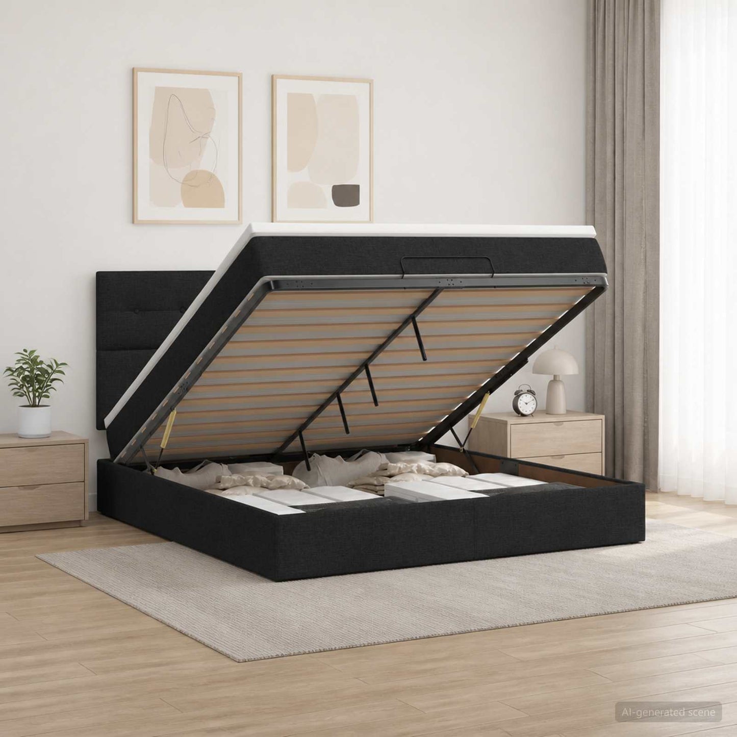 vidaXL Κρεβάτι Ottoman με Στρώμα και LED Μαύρο 160 x 200 cm Ύφασμα